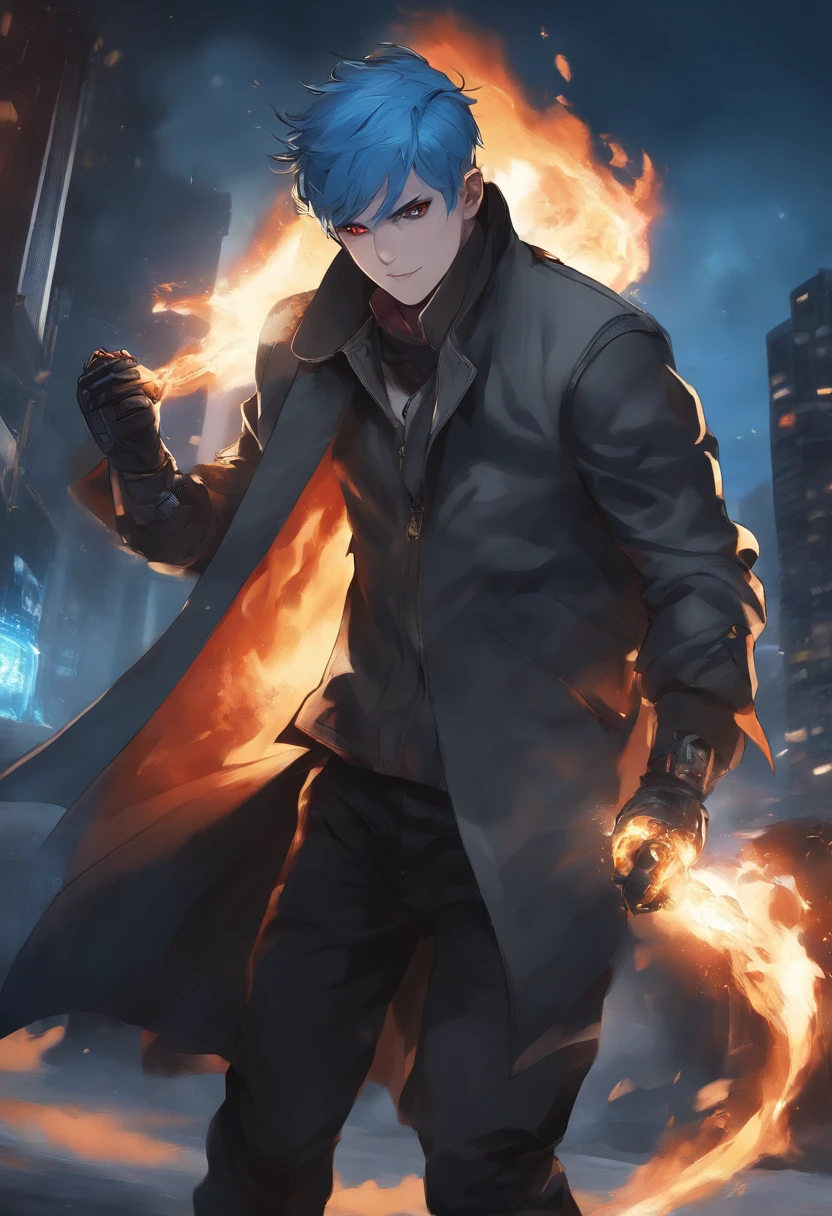 1boy, fiery blue hair, wearing white jacket, masterpiece, wearing scarf, cyberpunk, night time, fire ability, frown, intimidating look, mad, demonic red eyes, smoke, wearing black gloves, fighting, city, serious, dodging, snowy, ghost, blazing, smiling, jumping, blue fireball, aggresive, holding light sword