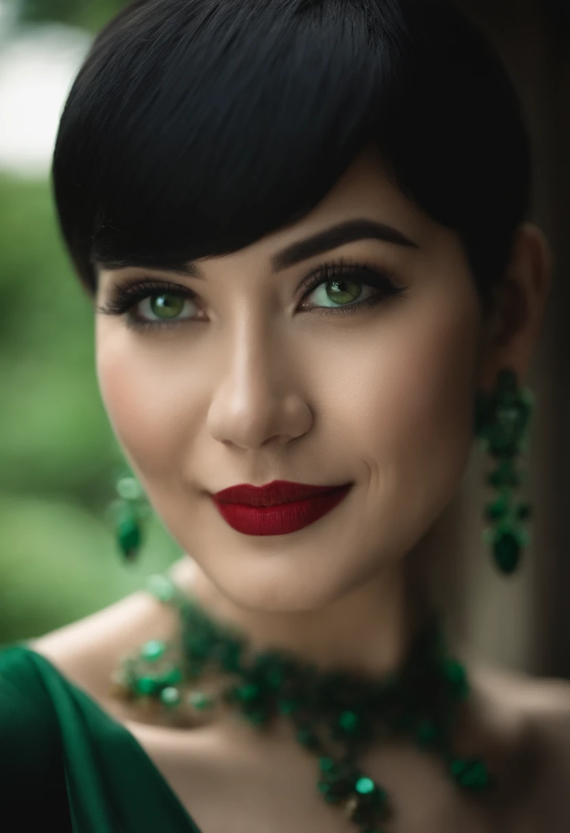 emerald tiara, Green Pearl Necklace, Boyish very short black hair, lipsticks, Japan woman smiling, very short short hair, big breasts beautiful, Green eyes, Long green gloves made of satin material, Green eyes, Emerald Earrings