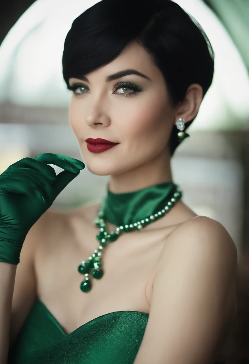 emerald tiara, Green Pearl Necklace, Boyish very short black hair, lipsticks, Japan woman smiling, very short short hair, big breasts beautiful, Green eyes, Long green gloves made of satin material, Green eyes, Emerald Earrings
