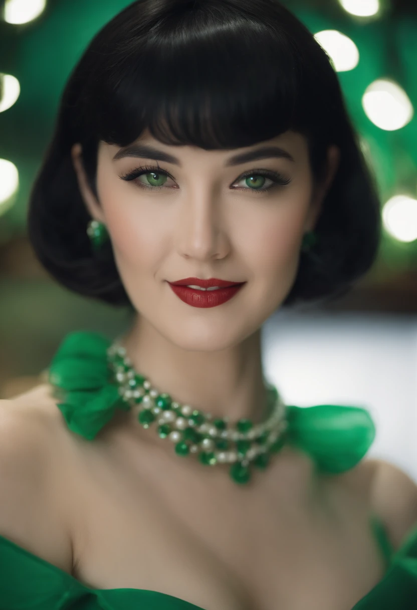 emerald tiara, Green Pearl Necklace, Boyish very short black hair, lipsticks, Japan woman smiling, very short short hair, big breasts beautiful, Green eyes, Long green gloves made of satin material, Green eyes, Emerald Earrings