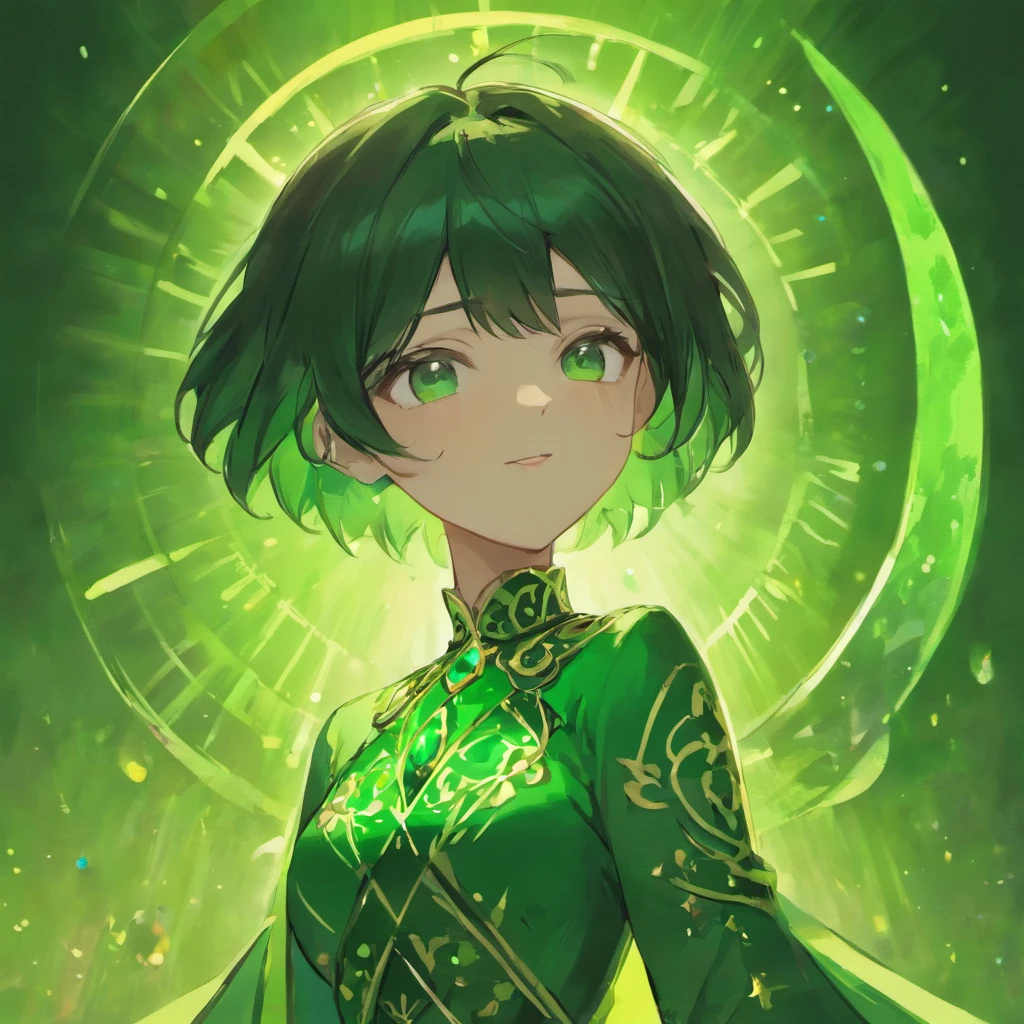 emerald tiara, Green Pearl Necklace, Boyish very short black hair, lipsticks, Japan woman smiling, very short short hair, big breasts beautiful, Green eyes, Long green gloves made of satin material, Green eyes, Emerald Earrings