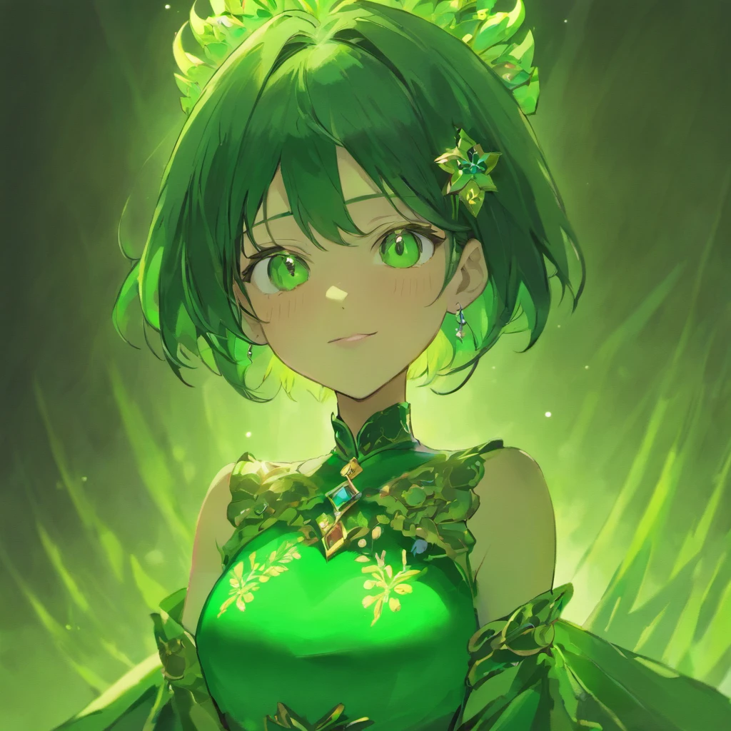 emerald tiara, Green Pearl Necklace, Boyish very short black hair, lipsticks, Japan woman smiling, very short short hair, big breasts beautiful, Green eyes, Long green gloves made of satin material, Green eyes, Emerald Earrings