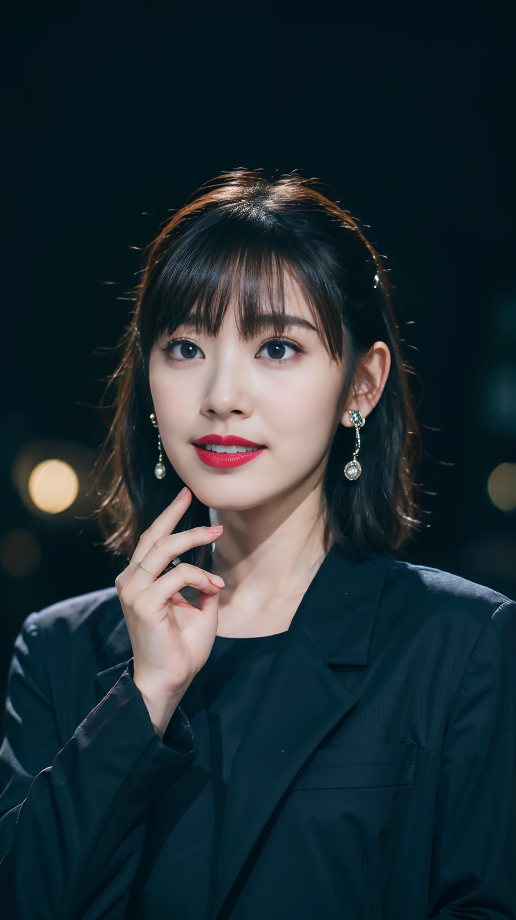 (8k, RAW photos, best qualtiy, masterection:1.2), (realisticlying, photograph realistic:1.37),(Kpop idol), (aegyo sal:1),adolable,profesional lighting,photon maping,Radio City,physically-based renderingt,roleplaying,lucy\(cyber punk perssonage\), bob-cut, mechanicalparts, Gray eye, Black skinny suit, Cyberpunk-city, Black pantsuit, natta, neonlight, Raised sexy, smog, looking at viewert,, 8k high res, 8k, CG wallpaper, Realistis, crisp background, mediuml breasts, full bodyesbian,solo