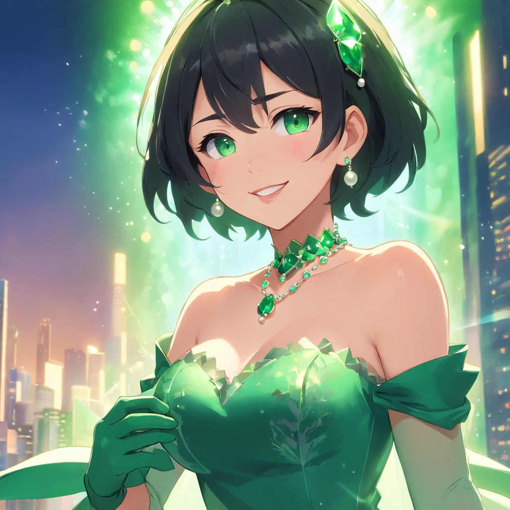 emerald tiara, Green Pearl Necklace, Boyish very short black hair, lipsticks, Japan woman smiling, very short short hair, big breasts beautiful, Green eyes, Long green gloves made of satin material, Green eyes, Emerald Earrings