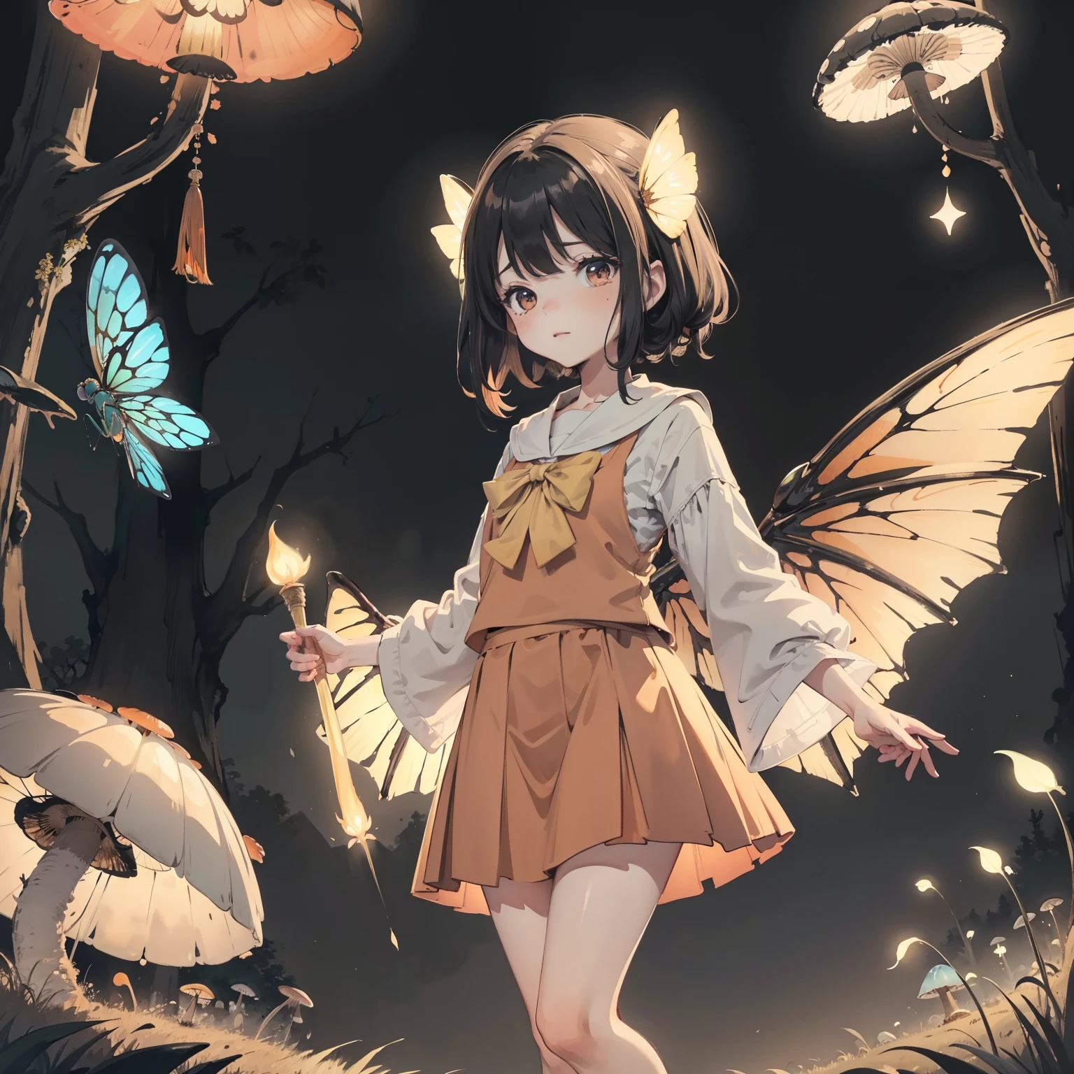 Beautiful and aesthetic,, Solo,Cute,Orange,pleatedskirt，Dance，It has dragonfly-like wings and membrane wings，Cogumelos，Mushrooms，Huge mushrooms，spore，(glowing ambiance, enchanting glow, luminouslighting, Ethereal atmosphere,Watercolor illustration, Perfect anatomy, Masterpiece, Best quality, 1girll, li,eature, landscape