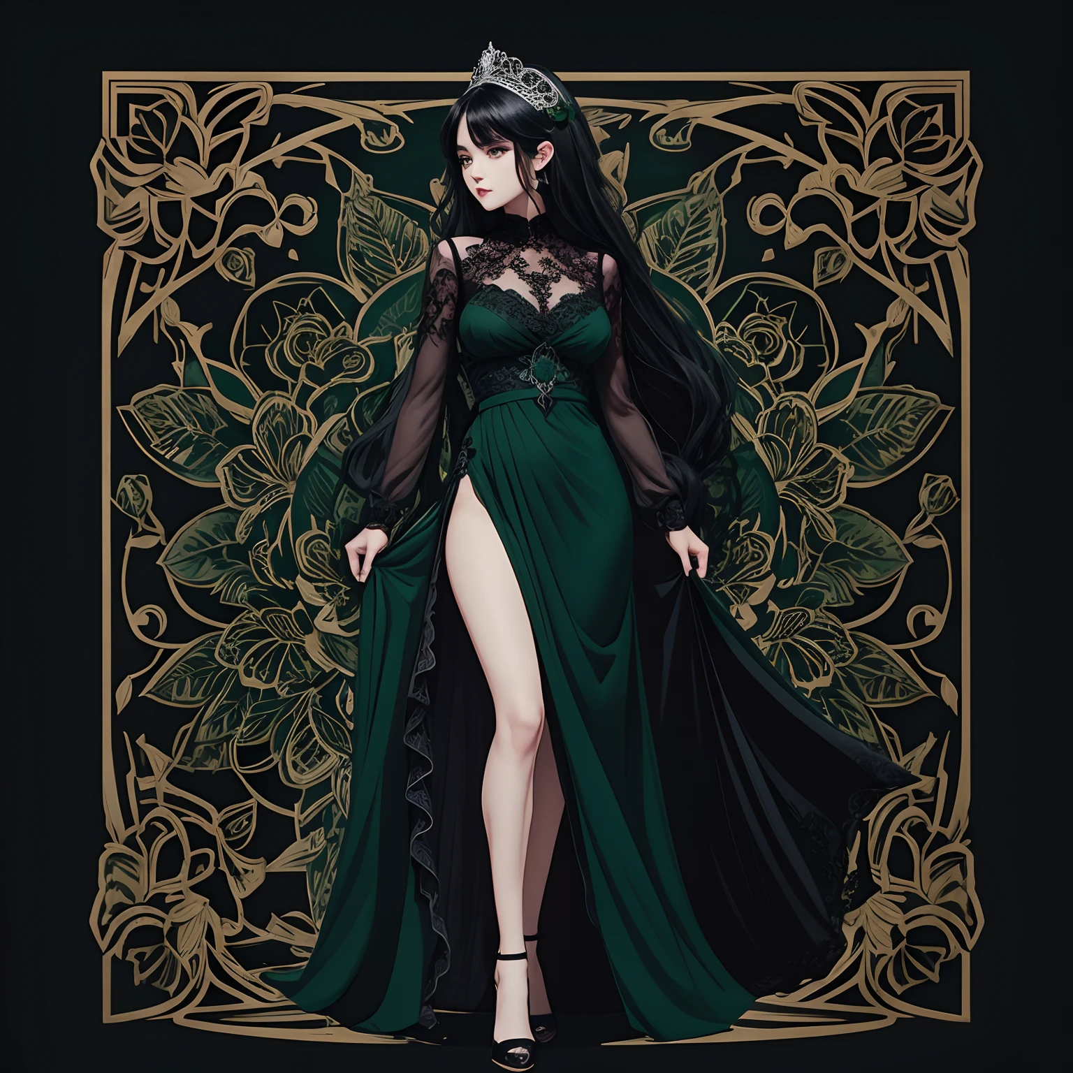 Black and dark green stick figure woman with rose flowers in background, loli in dress with roses, its fine ink line art, comic style, portrait of ploynesian woman, full body, perfect body, glam, beautiful line art, black and dark green comic style, manga style, manga art style, pencil and ink caricature drawing, black and dark green coloring --auto