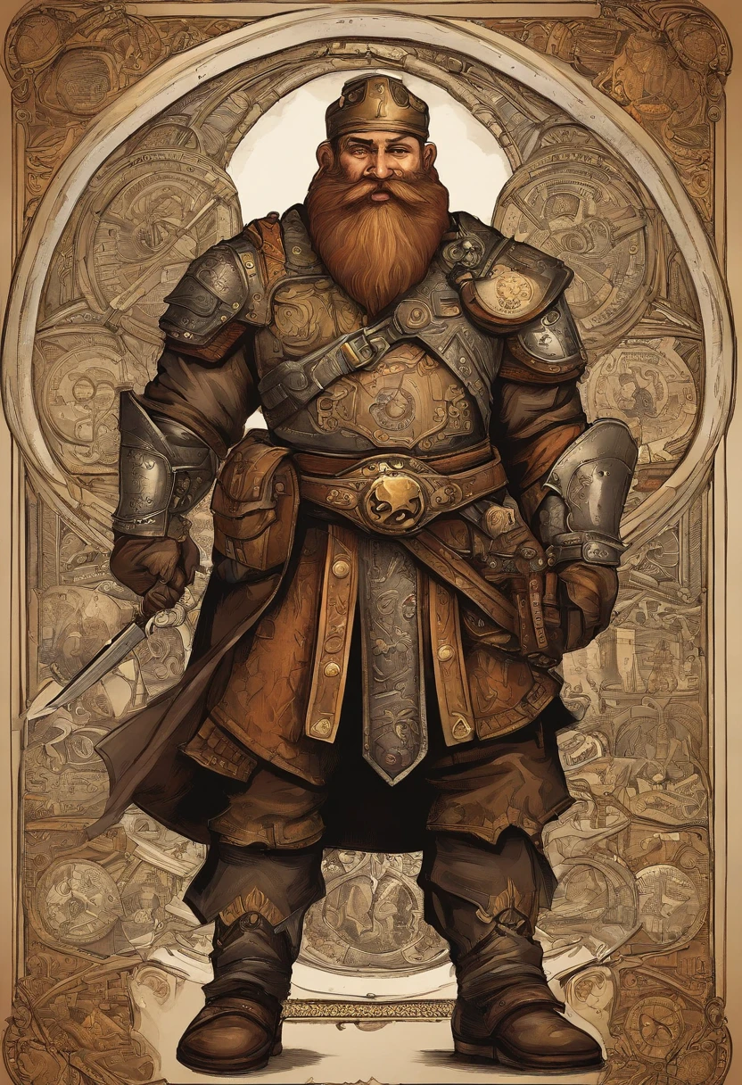 (Masterpiece, Best quality:1.2), Cartoon character with sword and shield close-up, fierce bearded dwarf, Dund Dwarf, portrait of a dwarf warrior, dwarf, "Dwarves, dwarven, rpg character art, rpg character, D & D fantasy characters, final fantasy tactics character, From Pathfinder, fantasy d&d character, dungeons and dragons character,brown hair,holding a shield
