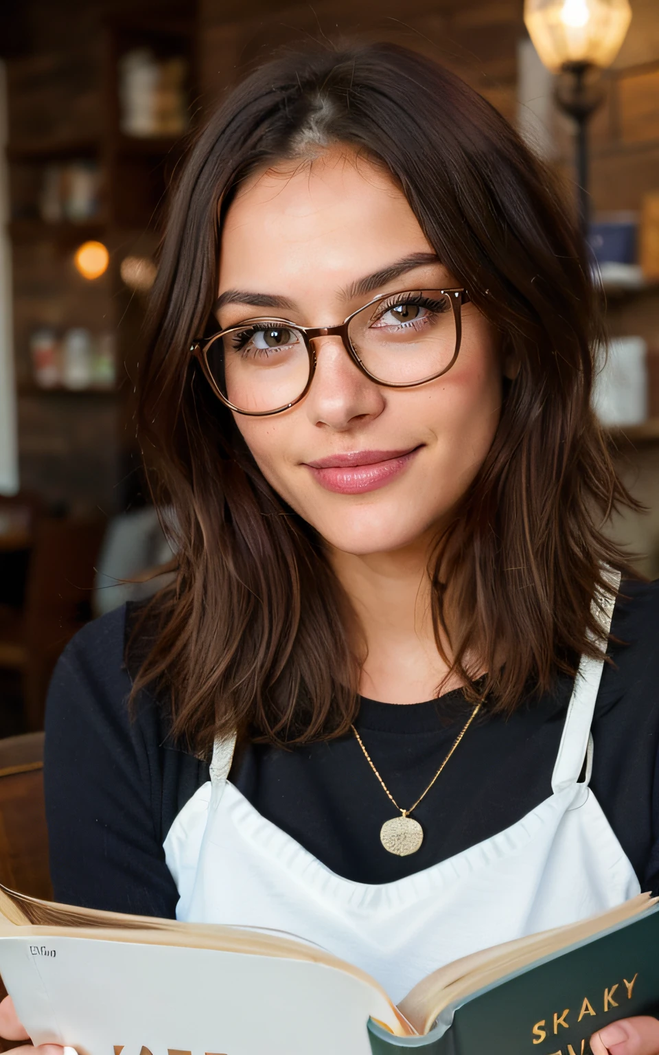 cute beautiful brunette, wearing glasses, reading a book in a cosy coffee shop with cosy vibes, cosy lighting, wide angle view, very detailed, 22 years old, happy smile, flirty face, short hair, brown eyes, high-res, masterpiece, best quality, intricate details, highly detailed, sharp focus, detailed skin, realistic skin texture,detailed eyes, professional, 4k, smile, shot on Canon, 85mm,shallow depth of field, kodak vision color, eyeshadow, extremely detailed, photo_\(ultra\), photorealistic, realistic, post-processing, max detail, roughness, real life, ultra realistic, photorealism, photography, 8k uhd, photography,