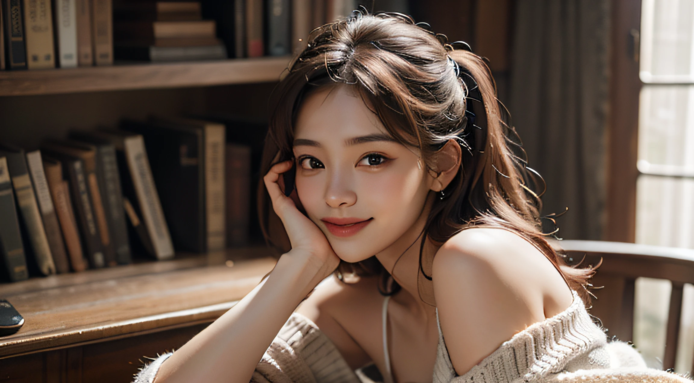 (8k, RAW photo, best quality, masterpiece:1.2), (realistic, photo-realistic:1.4), (extremely detailed 8k wallpaper),korean 20 age woman, The image captures her surrounded by shelves of books, emphasizing her intellectual curiosity and the quaint charm of the bookstore,cute face,A woman who looks good with a smile,bewitching hair,reading a book happily,(sexy costume),One-shoulder dress,A smile that invites others,Braids hair