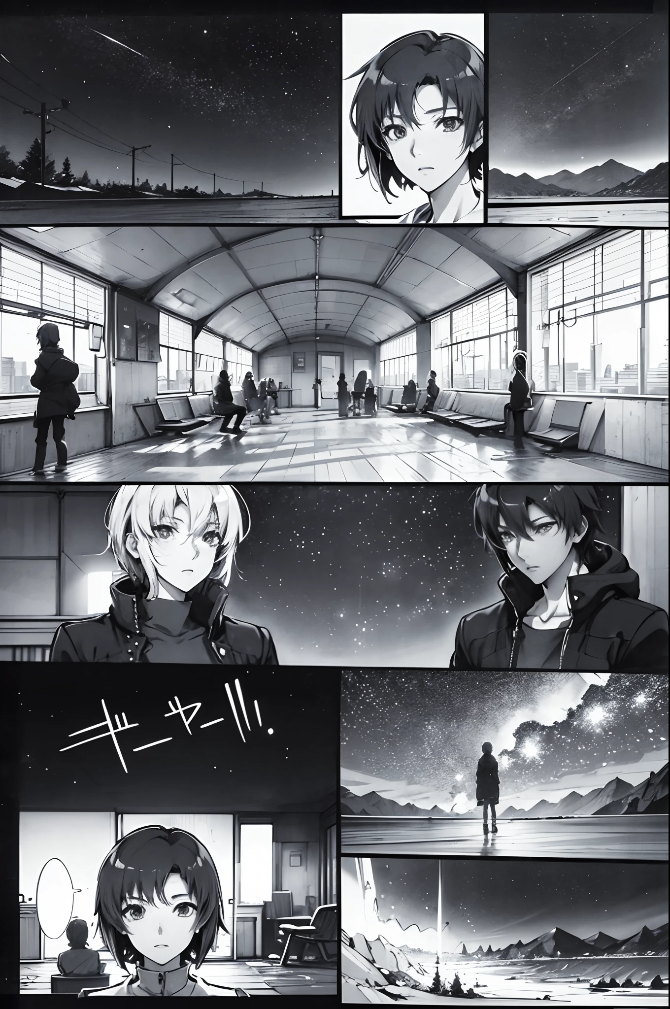 comic strip，Cartoon Split（4 or 5 or 6 tiles），Storyboard，Masterpiece, Anime train passing through bodies of water on tracks, Bright starry sky. Romantic train, Makoto Shinkai's picture, Pisif, concept-art, Lofi art style, Reflection. By Makoto Shinkai, Lofi art, beautiful anime scenes, Anime landscape, Detailed scenery —width 672, in the style of makoto shinkai, Makoto Shinkai's style, Enhanced detail.