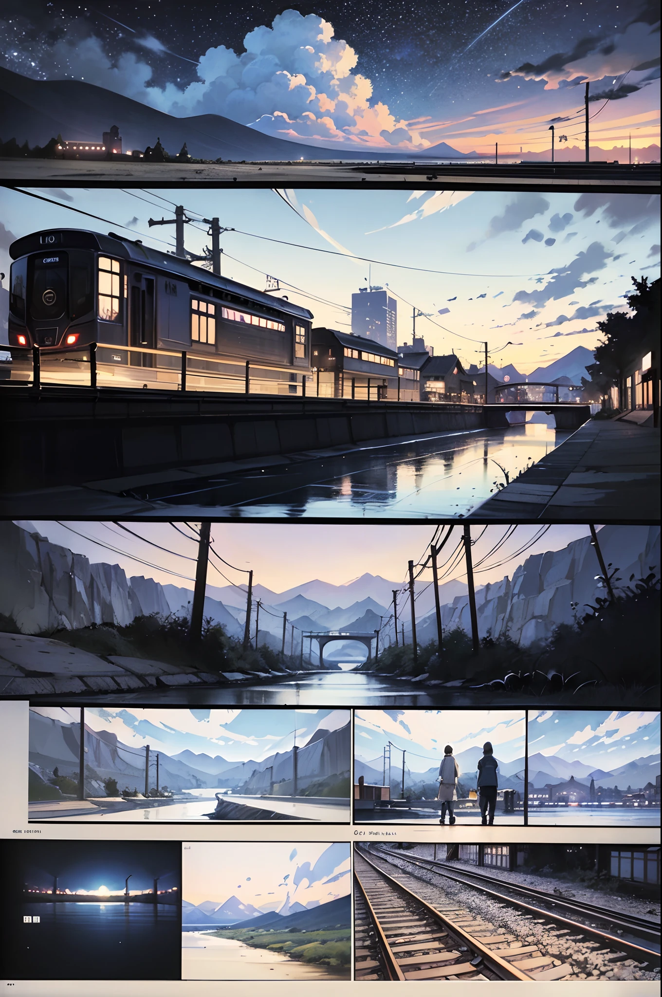 comic strip，Cartoon Split（4 or 5 or 6 tiles），Storyboard，Masterpiece, Anime train passing through bodies of water on tracks, Bright starry sky. Romantic train, Makoto Shinkai's picture, Pisif, concept-art, Lofi art style, Reflection. By Makoto Shinkai, Lofi art, beautiful anime scenes, Anime landscape, Detailed scenery —width 672, in the style of makoto shinkai, Makoto Shinkai's style, Enhanced detail.