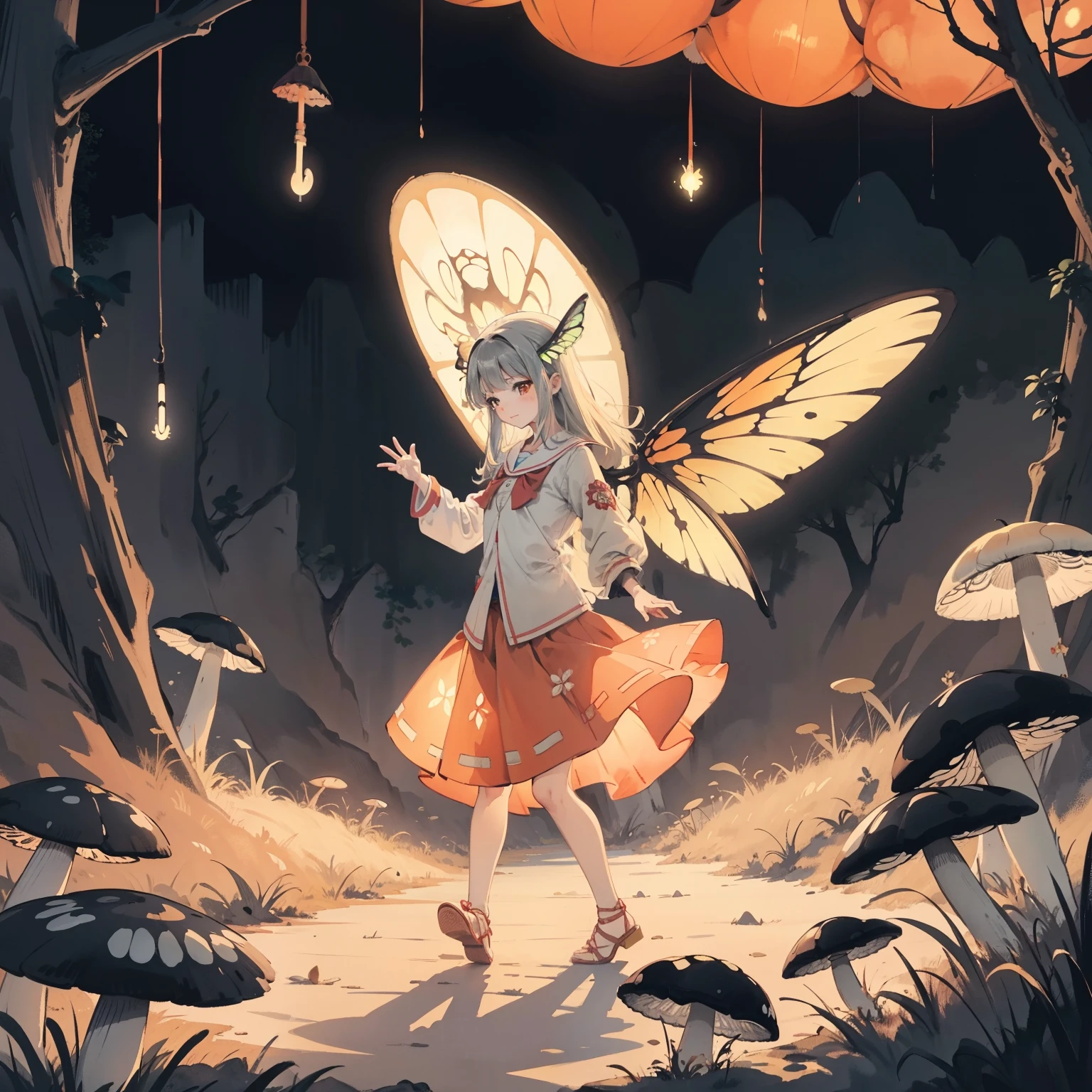 Beautiful and aesthetic,, Solo,Cute,Orange,pleatedskirt，Dance，It has dragonfly-like wings and membrane wings，Cogumelos，Mushrooms，Huge mushrooms，spore，(glowing ambiance, enchanting glow, luminouslighting, Ethereal atmosphere,Watercolor illustration, Perfect anatomy, Masterpiece, Best quality, 1girll, li,eature, landscape