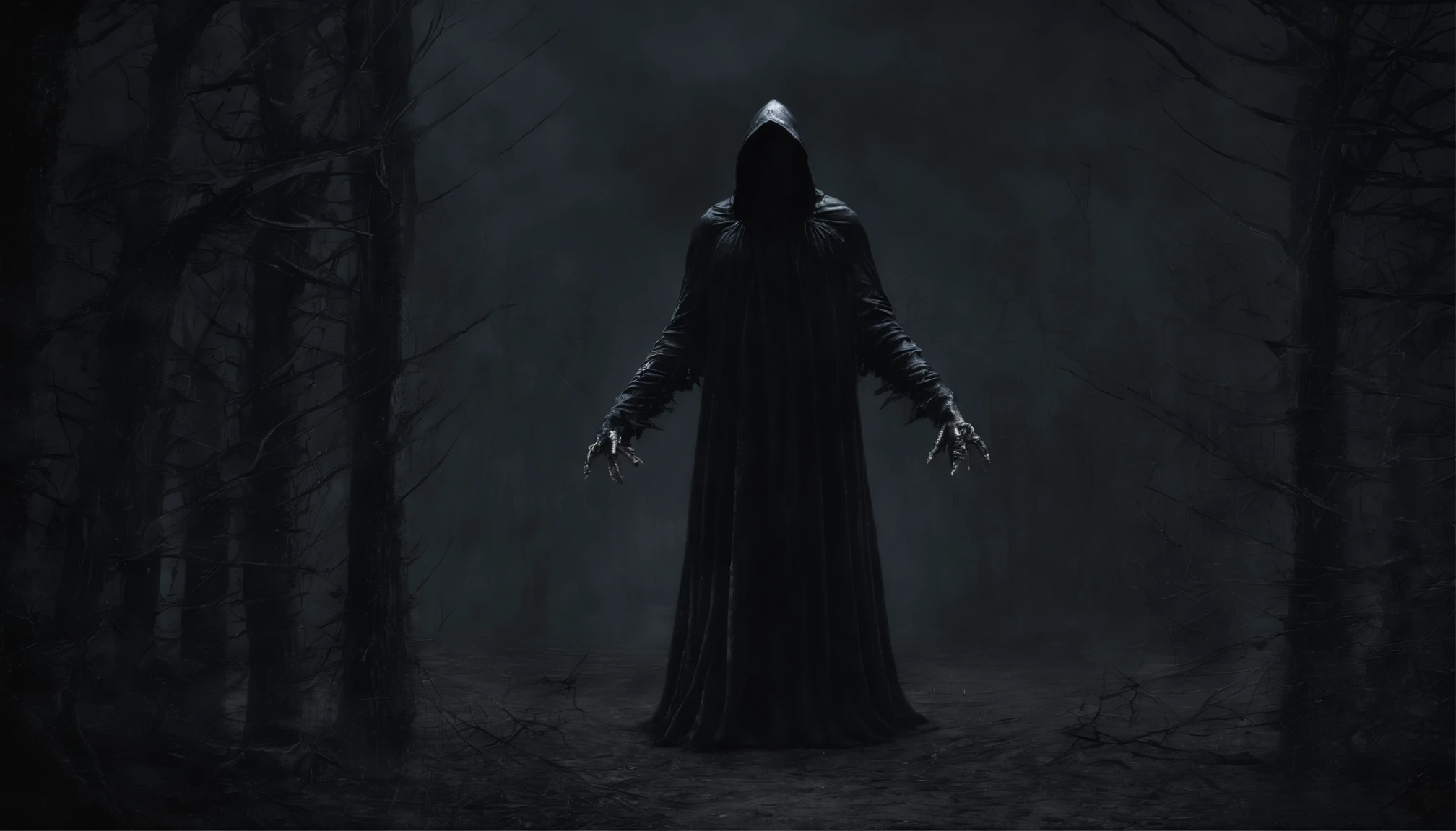 Create a frighteningly detailed and realistic depiction of the hooded figure of Death. The scene is expected to feature a black silhouette with a skull on a face and a skeletal hand holding a menacing sickle. Esta figura sinistra deve ter como pano de fundo uma noite nebulosa iluminada pela luz fria da lua. A imagem deve exalar uma atmosfera sinistra e arrepiante. Use Octane rendering to capture realistic textures and lighting. The resolution should be an impressive 8K, ensuring extraordinary clarity and precision in portraying the sinister aspect of Death.