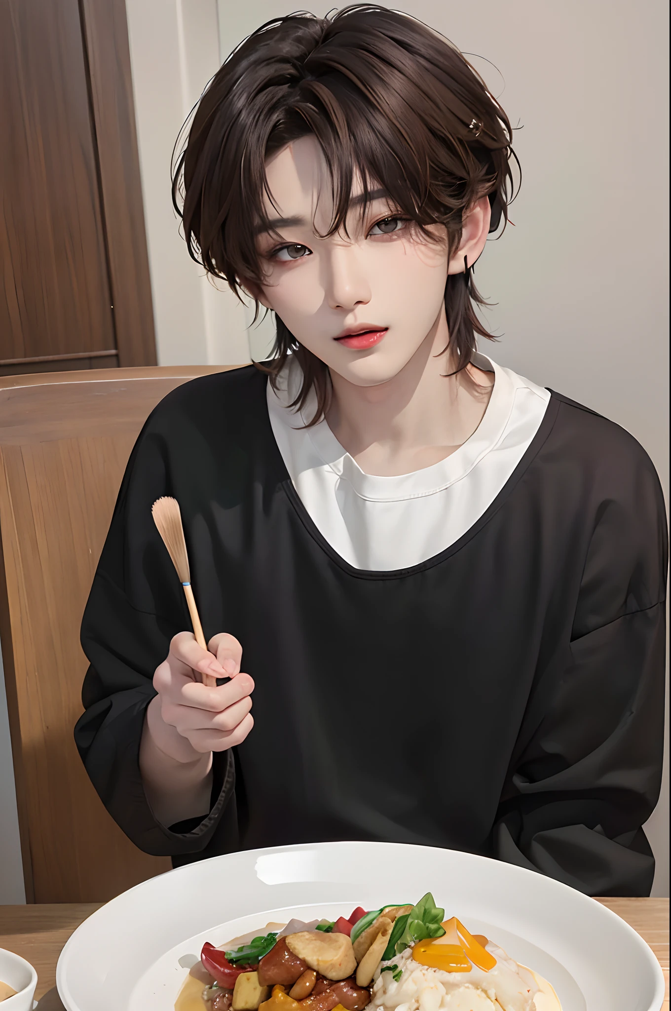 ​masterpiece、top-quality)、One Manly Boy、Slim body、((Black and white plain clothes:1.1))、(Detailed beautiful eyes)、In the kitchen of a rich man's house、Face similar to Chaewon in Le Selefim、((short hair above the ears))、((Smaller face))、((Neutral face))、((Light brown eyes))、((Korean boy))、((18year old))、((Handsome man))、((Wild look))、((Korean Makeup))、((elongated and sharp eyes))、((Happy dating))、((In the middle of the meal))、((Looking Up))、((shot from front))
