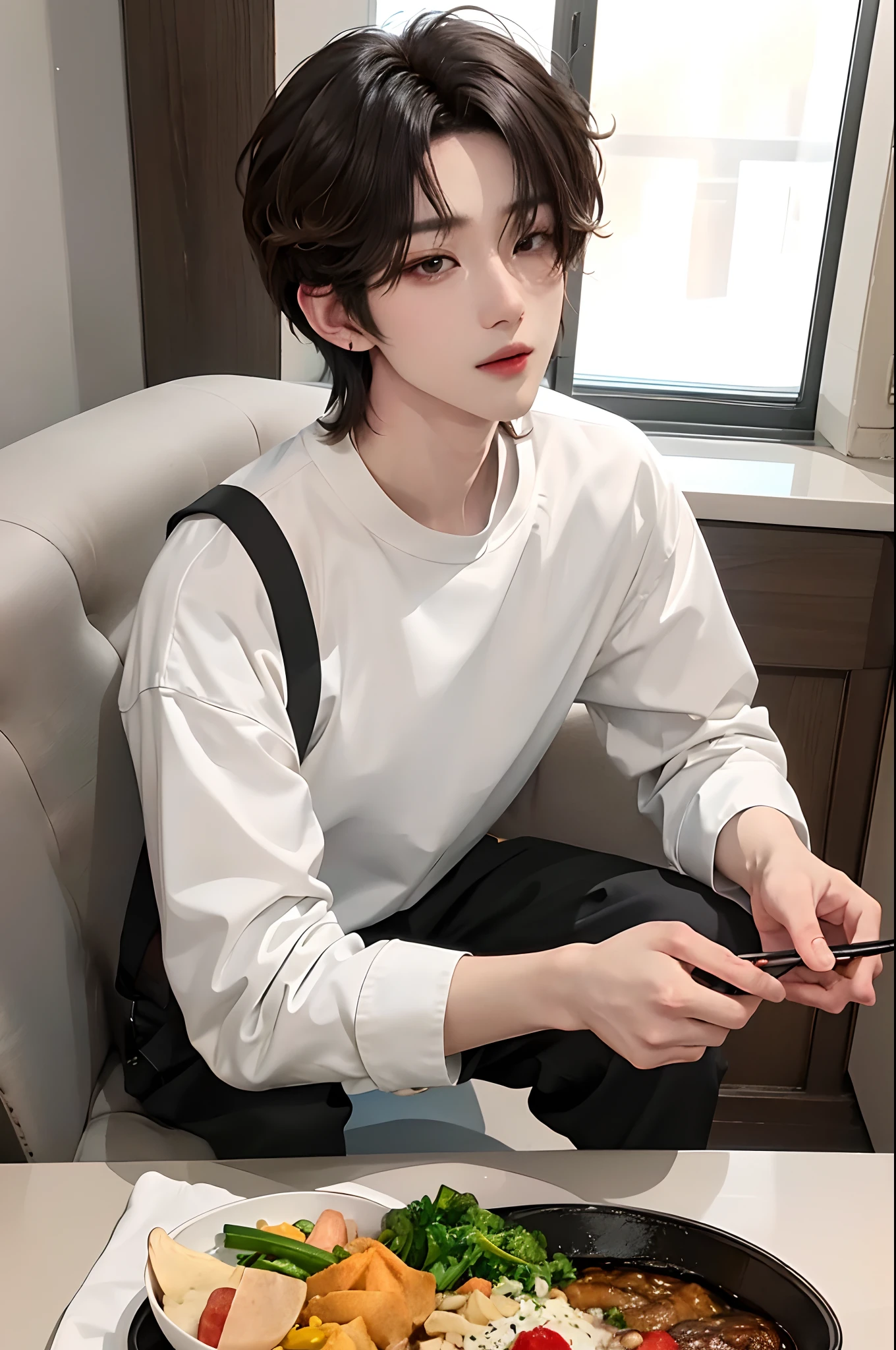 masterpiece、top-quality)、One Manly Boy、Slim body、((Black and white plain clothes:1.1))、(Detailed beautiful eyes)、In the kitchen of a rich man's house、Face similar to Chaewon in Le Selefim、((short hair above the ears))、((Smaller face))、((Neutral face))、((Light brown eyes))、((Korean boy))、((18year old))、((Handsome man))、((Wild look))、((Korean Makeup))、((elongated and sharp eyes))、((Happy dating))、((In the middle of the meal))、((Looking Up))、((shot from front))