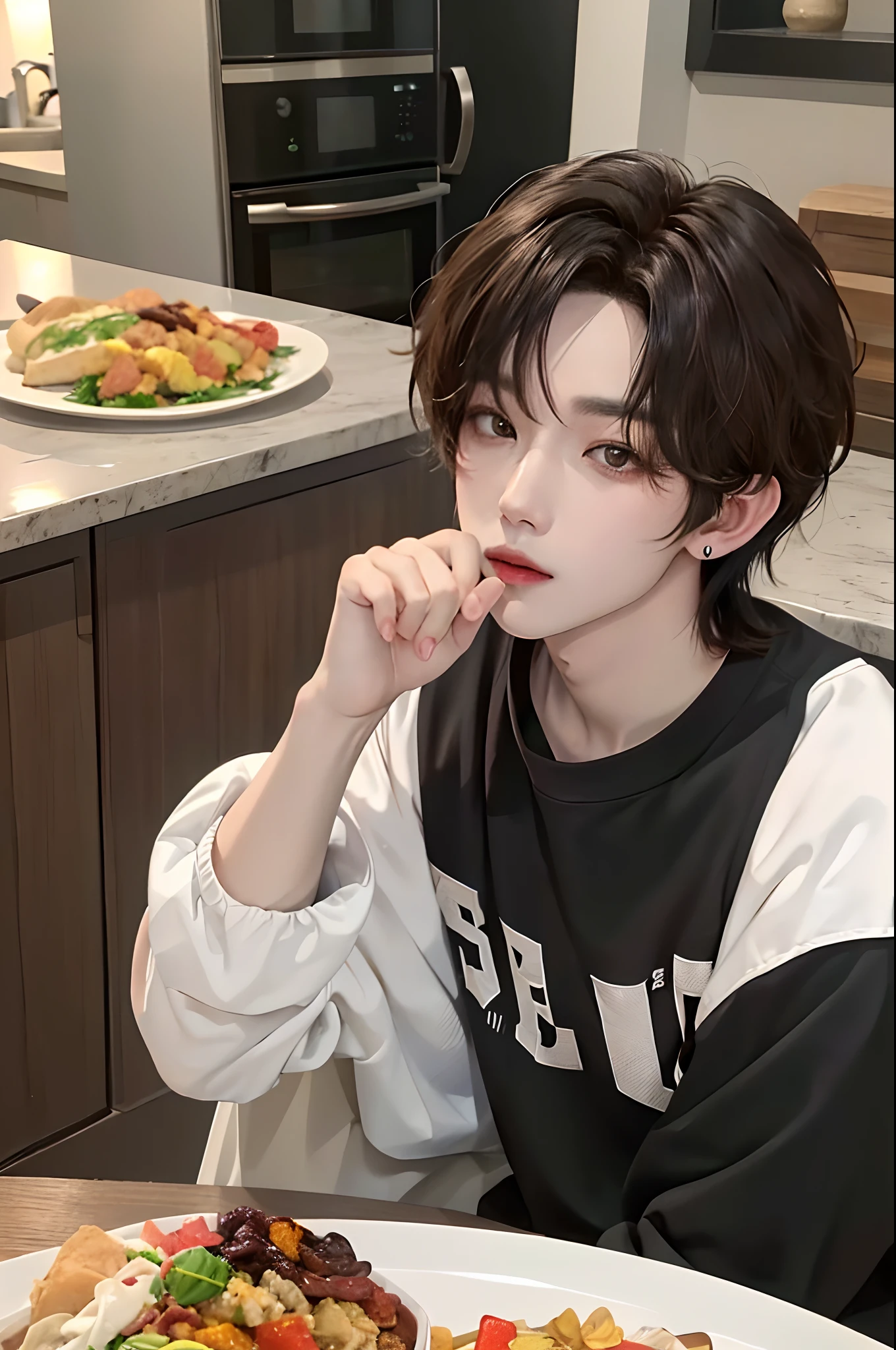​masterpiece、top-quality)、One Manly Boy、Slim body、((Black and white plain clothes:1.1))、(Detailed beautiful eyes)、In the kitchen of a rich man's house、Face similar to Chaewon in Le Selefim、((short hair above the ears))、((Smaller face))、((Neutral face))、((Light brown eyes))、((Korean boy))、((18year old))、((Handsome man))、((Wild look))、((Korean Makeup))、((elongated and sharp eyes))、((Happy dating))、((In the middle of the meal))、((Looking Up))、((shot from front))