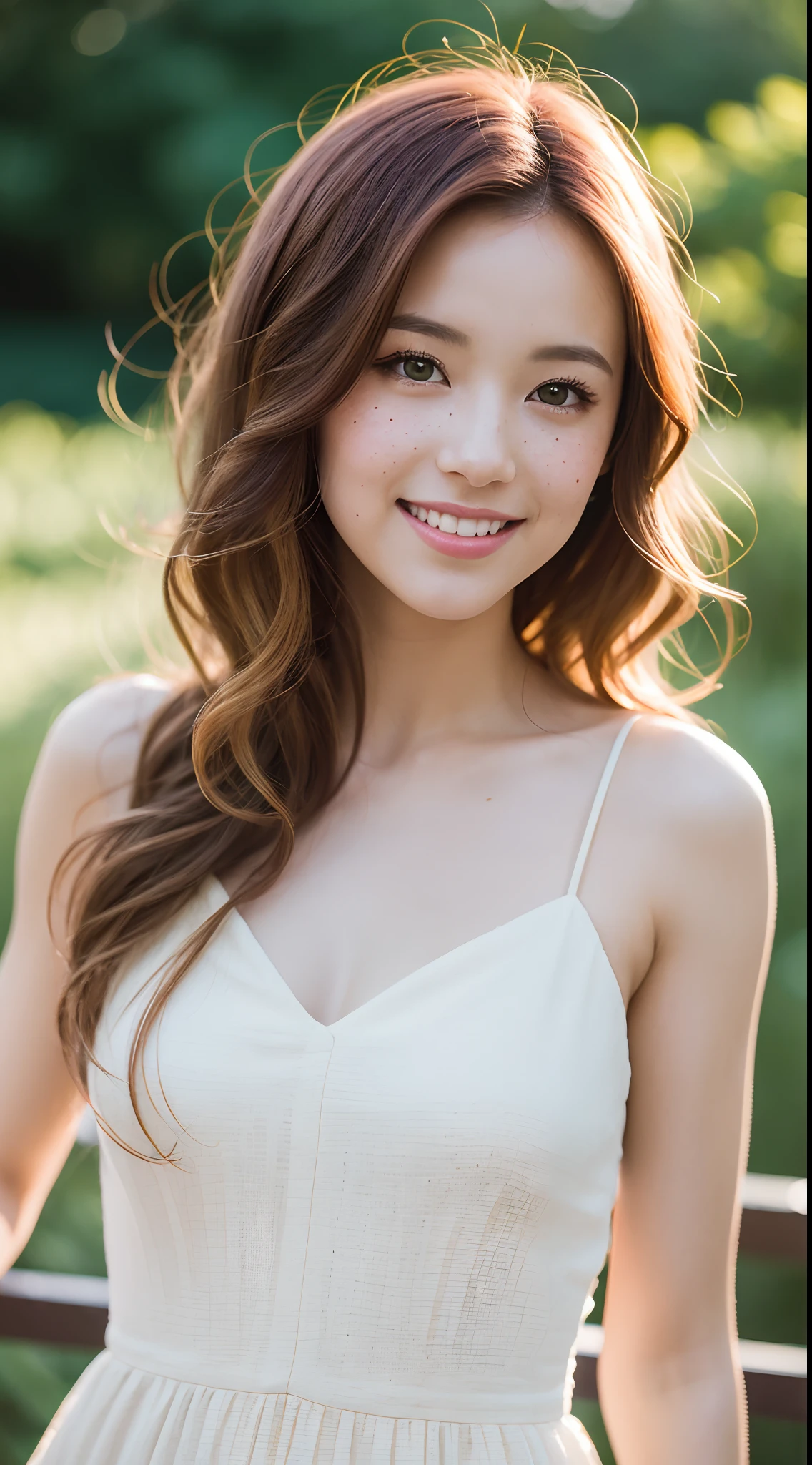 Masterpiece portrait of a woman in Montreal at dawn, Long hair, Cute orange curly hair, Smile, Green eyes, freckle, Estampados florales, dress, dawn, neonlight, llight rays, coustics, Lens reflection, ((Solo)), ishmael_limbus