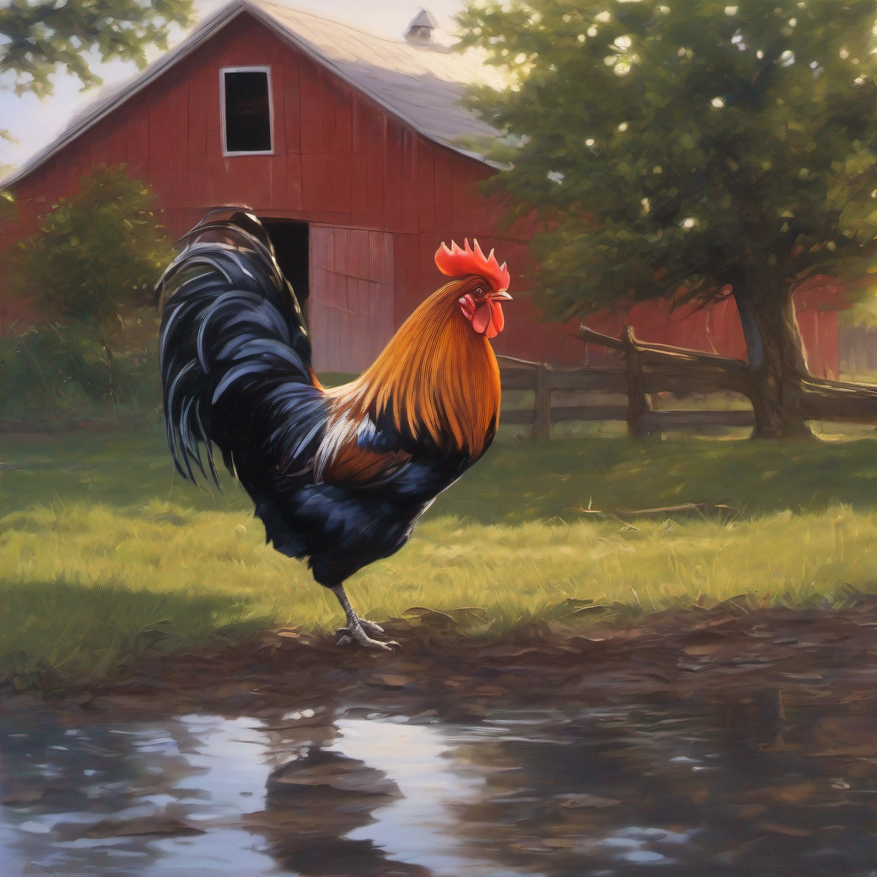 The morning sun peeked over the horizon, throwing its soft dawn light on the farm. A lone rooster stood next to a large oak tree, peering curiously at a small puddle at the base of the trunk;. The puddle was formed due to a downpour the night before, water, reflecting the gradually brightening sky overhead. The rustle of feathers, The rooster leaned closer, Consider your reflection in the pool, Its crimson crest casts a faint reddish tint on the surface of the water. Suddenly, A drop of water fell from the branches of the trees above, Creating ripples in a puddle, which distorted the image of the rooster. The rooster jumped away in surprise, Release the alarmed crow. Across the yard, An electrical outlet flickered on the side of an old red barn, signaling the beginning of a new day. forgetful, The rooster continued his mesmerized study of the shimmering puddle, Waiting for the morning sun, which will fully illuminate the farm with its warm glow.