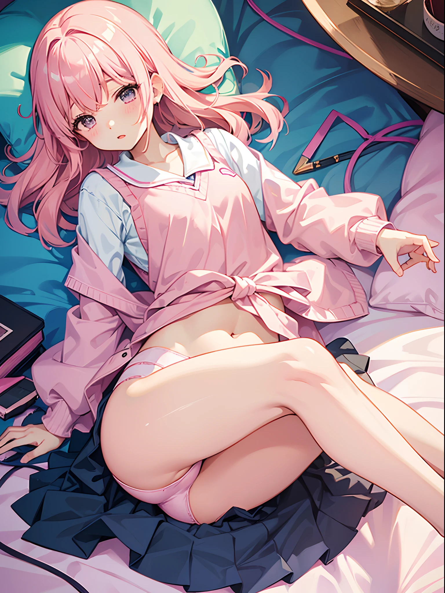 One girl、Pink hair、PastelColors、Cute、blush、School uniform, PM, Underwear is visible, tiny chest, Sheer shirt