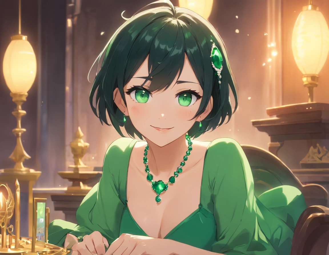 emerald tiara, Green Pearl Necklace, Boyish very short black hair, lipsticks, Japan woman smiling, very short short hair, big breasts beautiful, Green eyes, Long green gloves made of satin material, Green eyes, Emerald Earrings