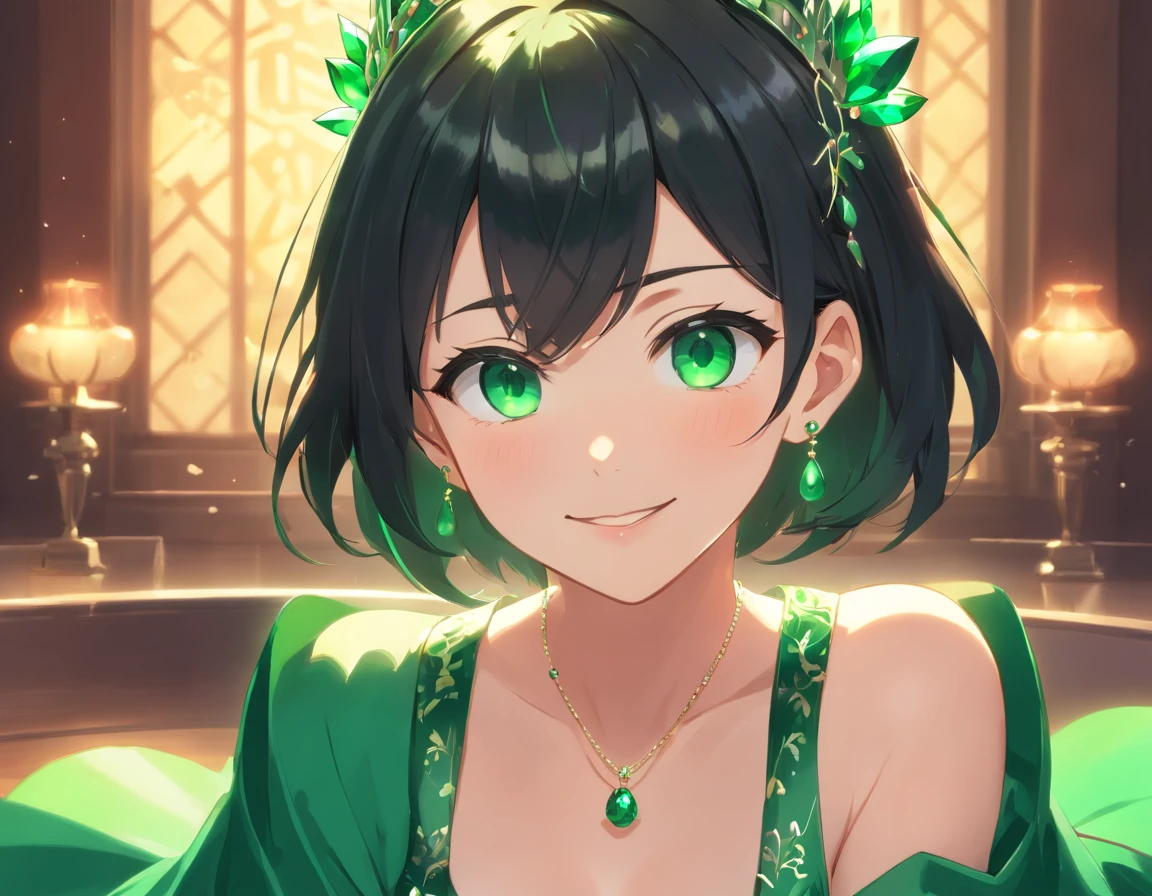 emerald tiara, Green Pearl Necklace, Boyish very short black hair, lipsticks, Japan woman smiling, very short short hair, big breasts beautiful, Green eyes, Long green gloves made of satin material, Green eyes, Emerald Earrings