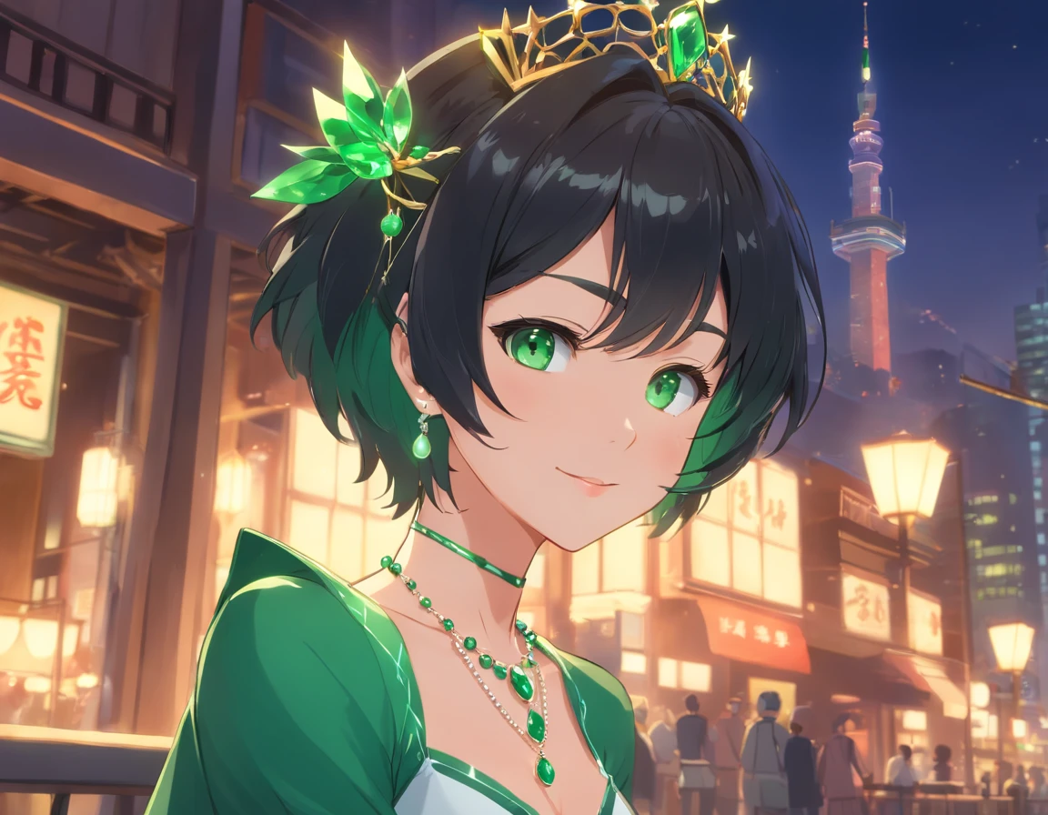 emerald tiara, Green Pearl Necklace, Boyish very short black hair, lipsticks, Japan woman smiling, very short short hair, big breasts beautiful, Green eyes, Long green gloves made of satin material, Green eyes, Emerald Earrings, Green eyes