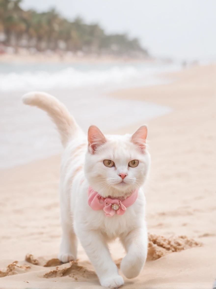 This is a real photo,A cheerful cat wearing a pink dress and a cute sun hat is shown,Cats are anthropomorphic standing positions,Enjoy a leisurely stroll on the beach of Qinhuangdao。The golden light of the sun surrounds the cat,Its cheerful demeanor is highlighted。A gentle breeze ruffles its hair,Left cheerful paw prints on the sand。Seashells and seagulls add to the charm of the seaside,Bright pastel colors evoke feelings of joy。This photo captures this carefree seaside moment。