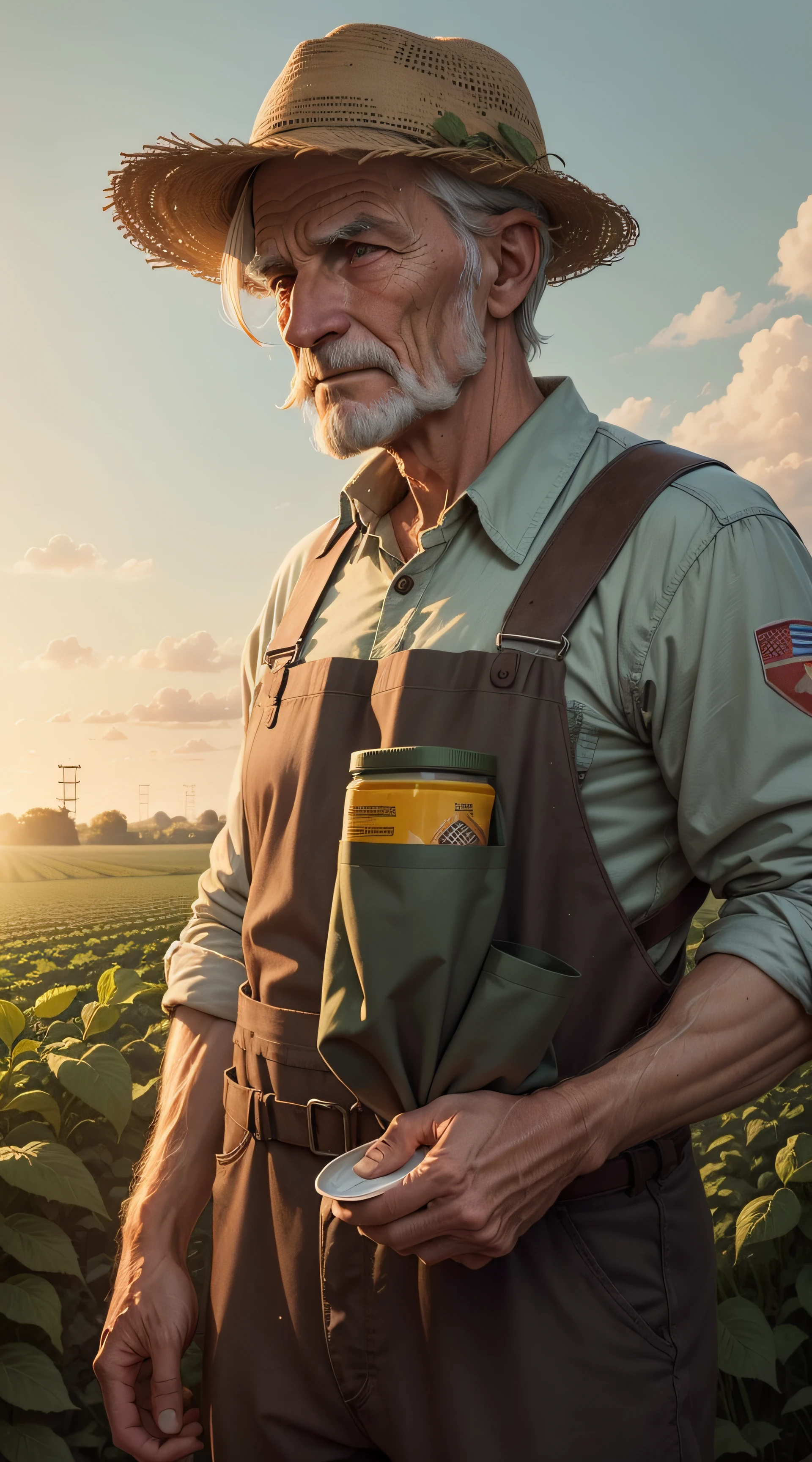 An Old Farmer in a Dystopian Future, struggling to produce food on the crop, controlled by large corporations, We have to deal with chemical pesticides and a lack of natural resources, Dreaming of simpler and more sustainable times.