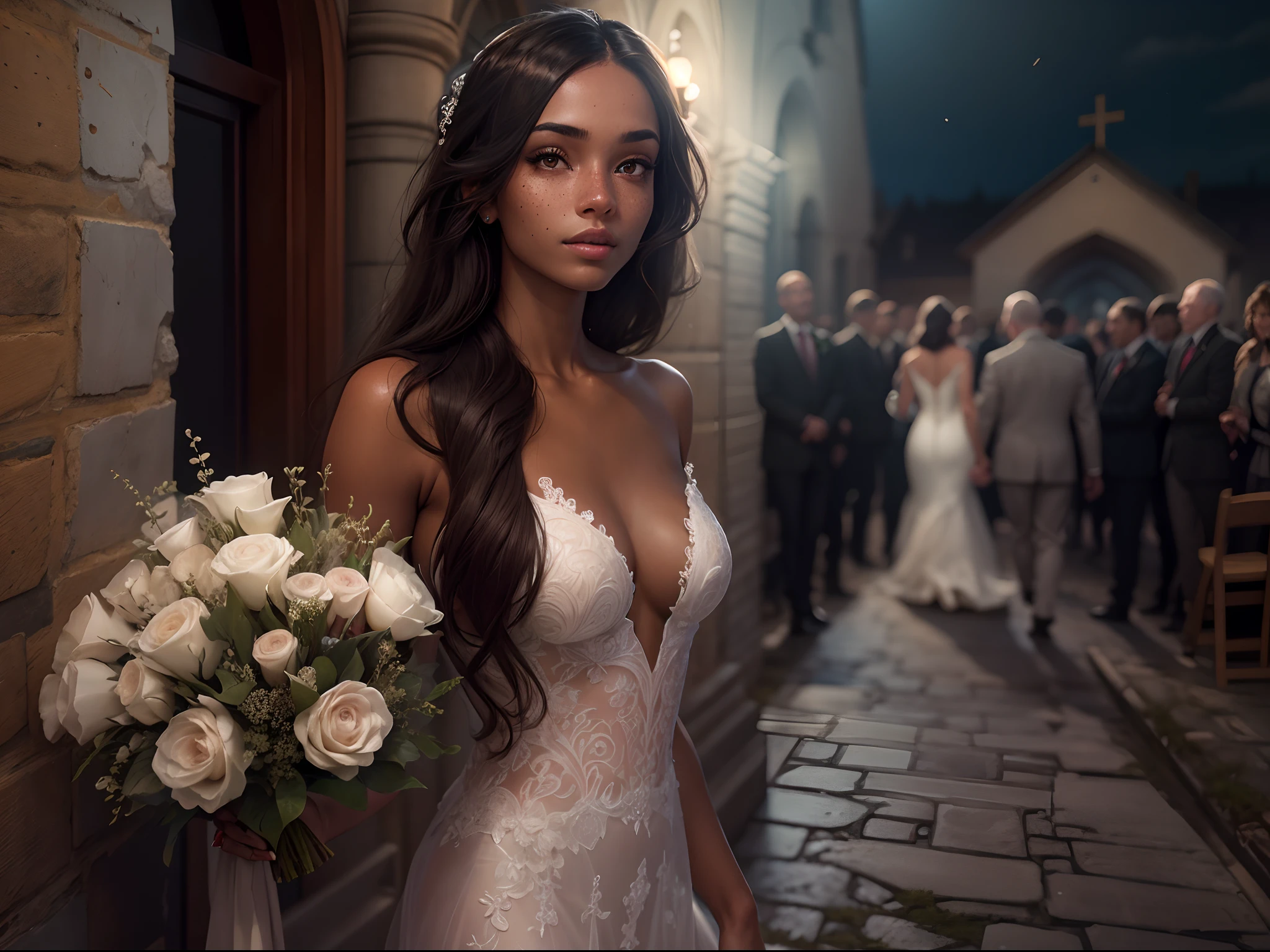 Ultra realistic image of a 25 year old woman, beautiful, slim, long straight hair, freckles on her face, dark tanned skin, wearing a wedding dress, entering the church for her wedding, night scenery