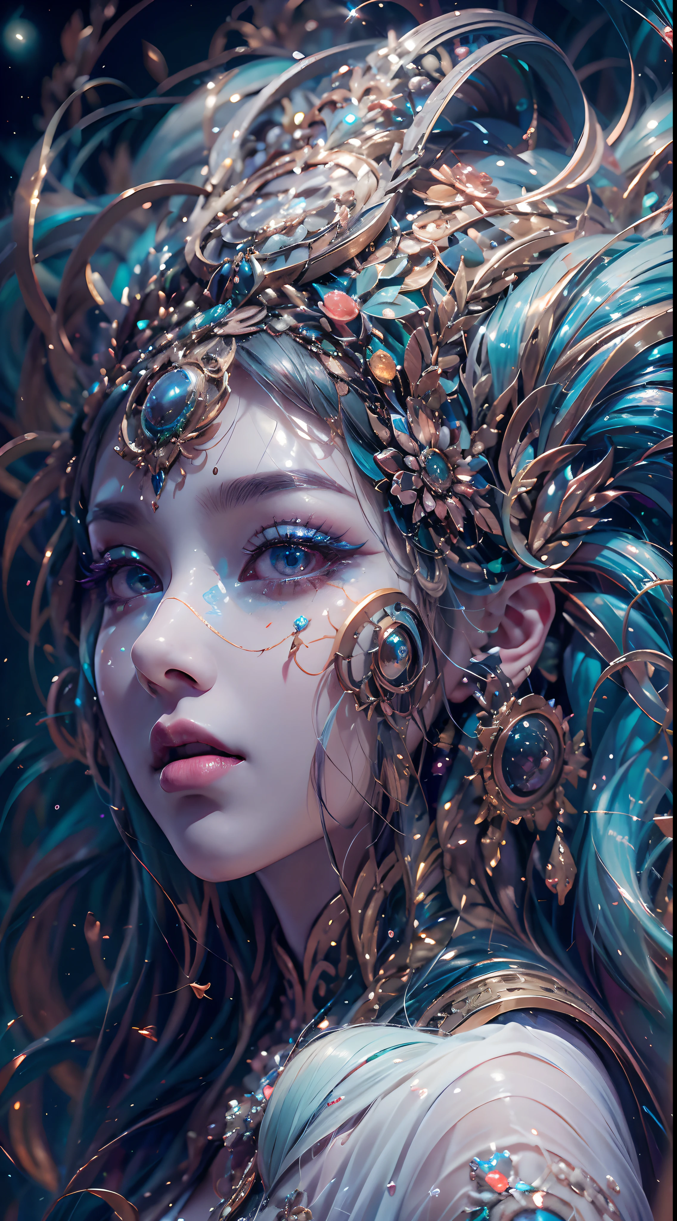 （best qualtiy，ultra - detailed，Most Best Illustration，Best shadow，tmasterpiece，A high resolution，professionalartwork，famousartwork），Sky blue picture style，Detailed eyes，beautidful eyes，closeup cleavage，sci-fy，colored sclera，Robot eyes，face markings，Tattooed with，（fractalized，Fractal eyes），largeeyes，Wide eyes，（Eye focus），sface focus，Cosmic eyes，Space eyes，Close-up of metal sculpture of a woman with a moon in her hair，goddes。extremly high detail，3 d goddess portrait，Extremely detailed footage of the goddess，a stunning portrait of a goddess，Full body close-up portrait of the goddess，hecate goddess，portrait of a norse moon goddess，goddess of space and time，pureerosface_v1，ulzzang-6500-v1.1，