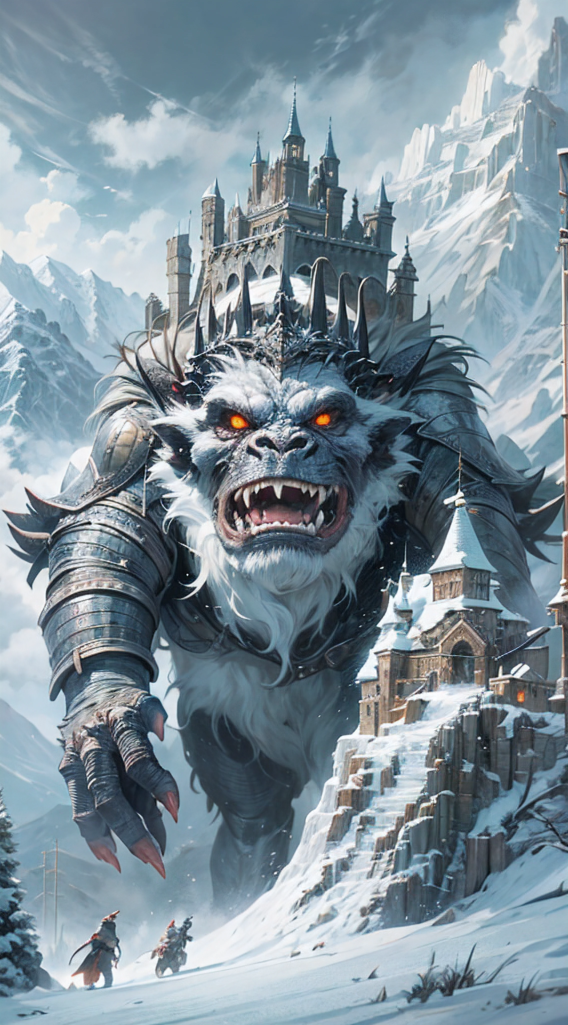 white snow castle carrying on shoulders of huge orc monster