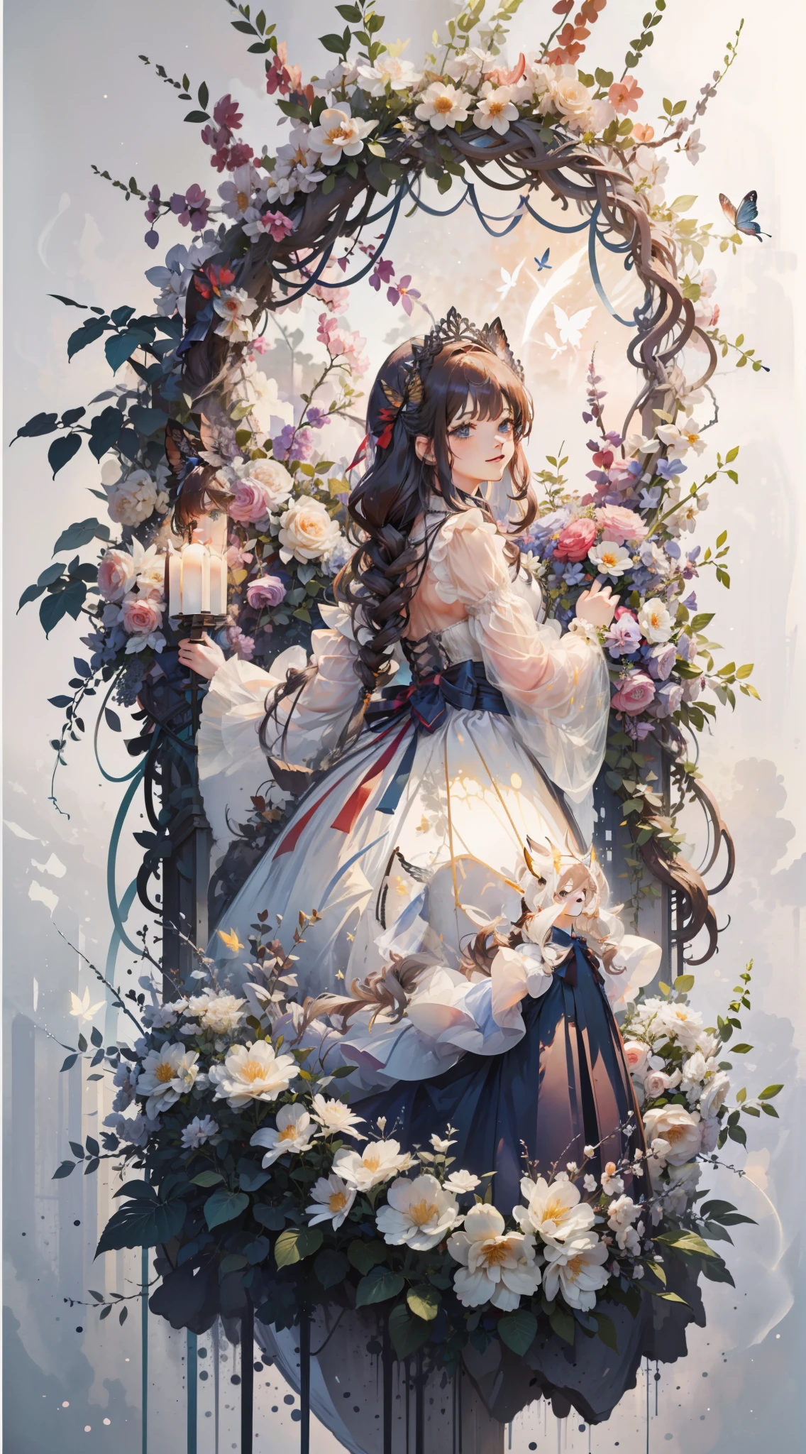 (Extremely delicate beauty: 1.2), 1girl, standing, full body, smile, bangs, blue eyes, backlight, long hair, butterfly, brown hair, shut up, look from the side, lantern, light particles, long sleeves, look at the audience, red bow, solo