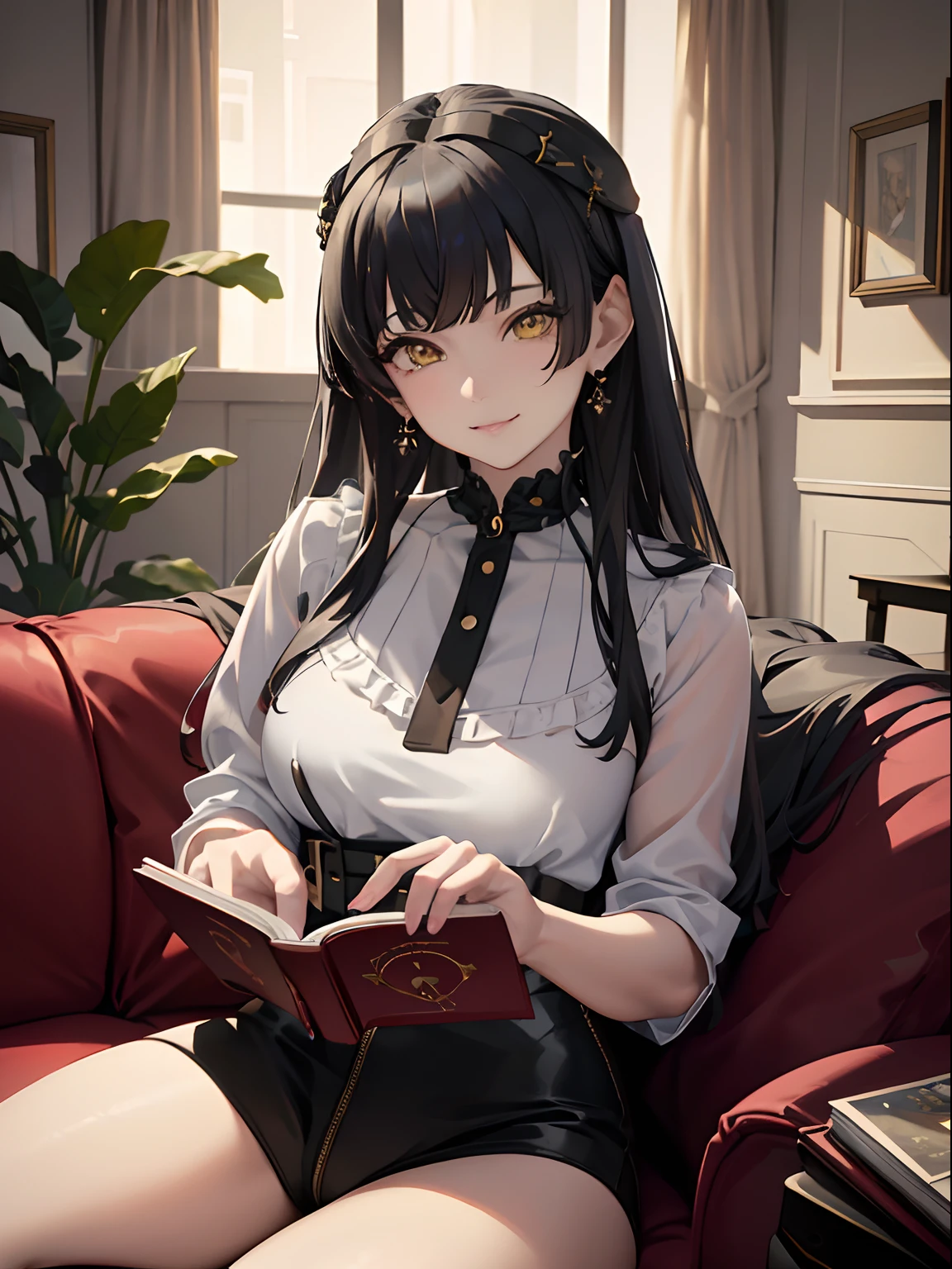 masterpiece, best quality, NSFW, 1girl, black hair, ,yellow eyes, plain white shirt, panties, living room, smiling, reading a book, detailed facial features, high resolution (best quality, 4k, 8k, highres, masterpiece:1.2).