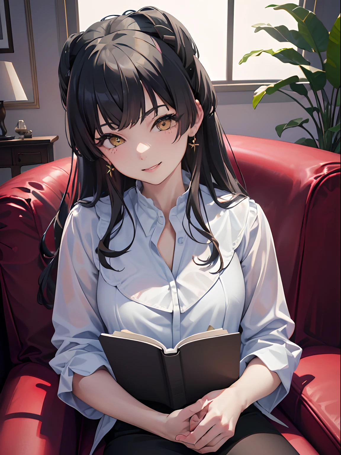 masterpiece, best quality, NSFW, 1girl, black hair, ,yellow eyes, plain white shirt, panties, living room, smiling, reading a book, detailed facial features, high resolution (best quality, 4k, 8k, highres, masterpiece:1.2).