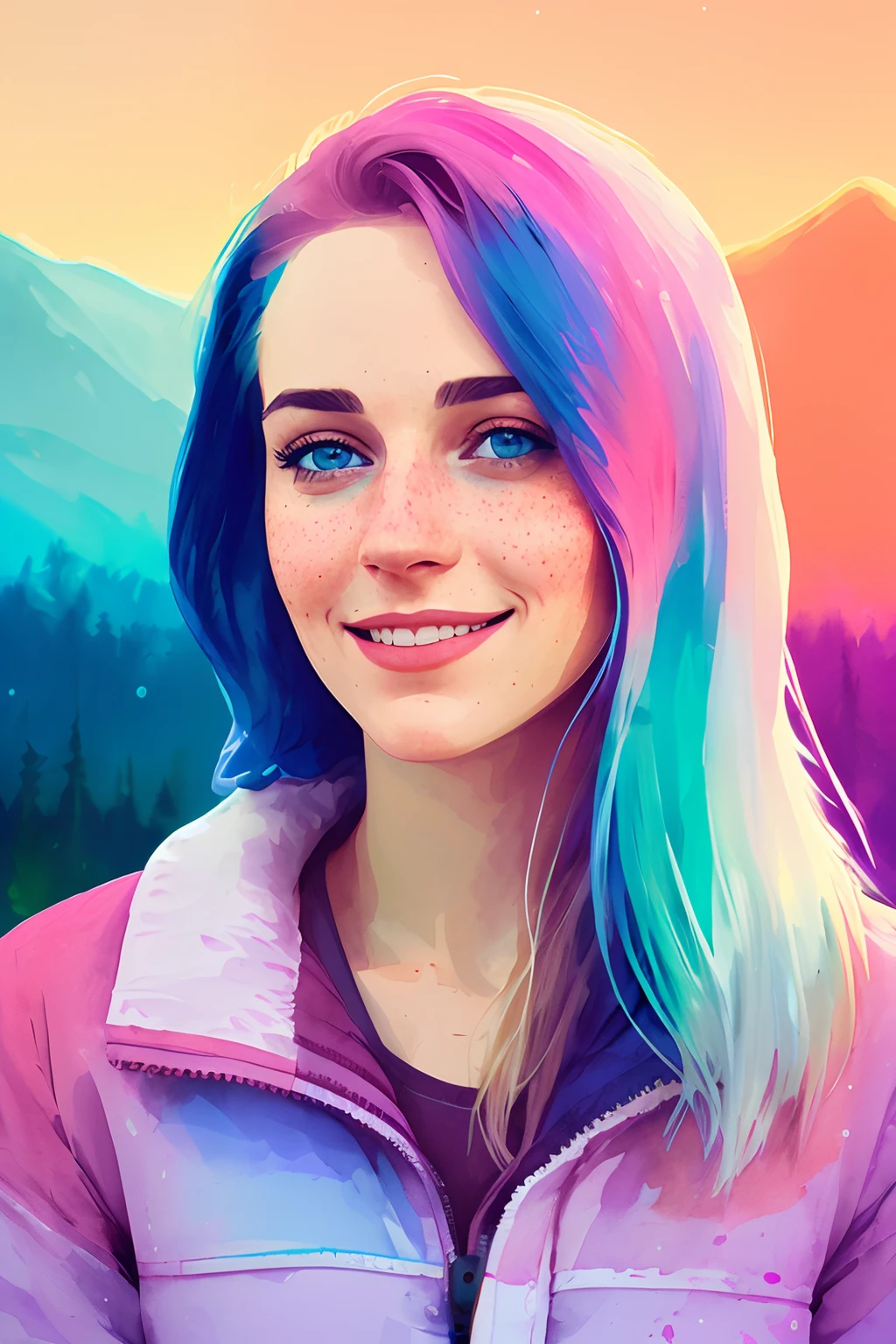 portrait of beautiful smiling woman with some freckles, snow-covered mountain landscape background by ilya kuvshinov and annie leibowitz. synthwave watercolor painting on canvas trending in artstation dramatic lighting abstract expressionism pastel shades tones (hd) golden ratio details aesthetic octane render excellent composition natural textures 8k oil paining masterpiece canon eos r4s 50