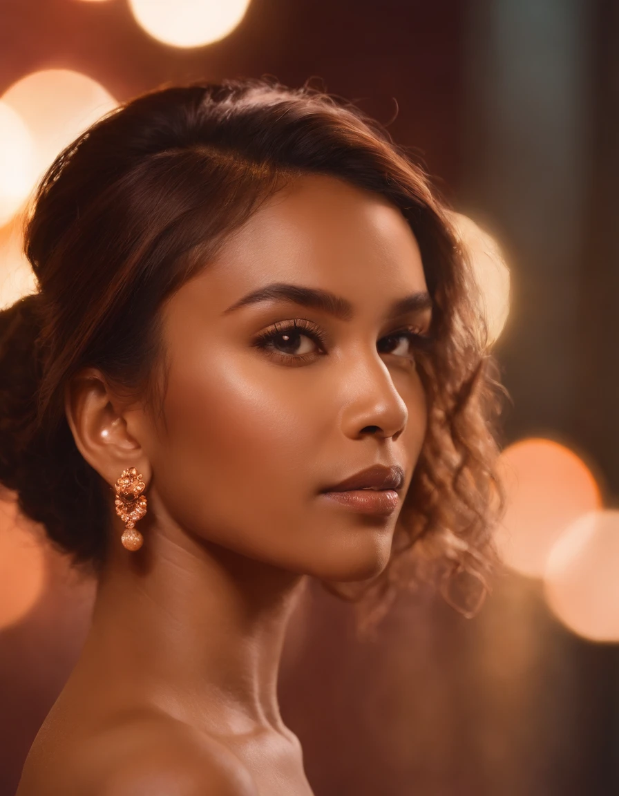 Illustrative image of a woman with hair, eyebrows and earrings, in the style of light orange, saturated pallet, Art of Côte d'Ivoire, Editorial illustrations, cranberry core, Noyau chaud, neon light