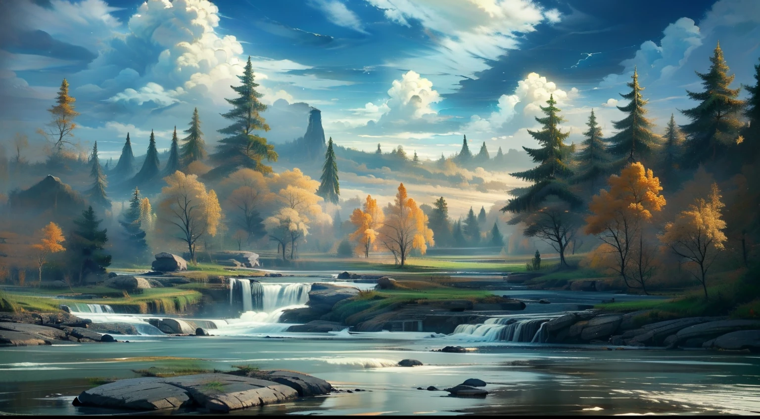 (beautiful scenery, daytime, no man, trees, waterfalls, rivers, sky, clouds, architectural gyration, Nature, dense complex, tranquil charm), Surrealism, Conceptual art, UHD, retina, masterpiece, HD, 4K, 8k, 16k, best quality, high details, high quality, highres, grand, spectacular, artistic conception