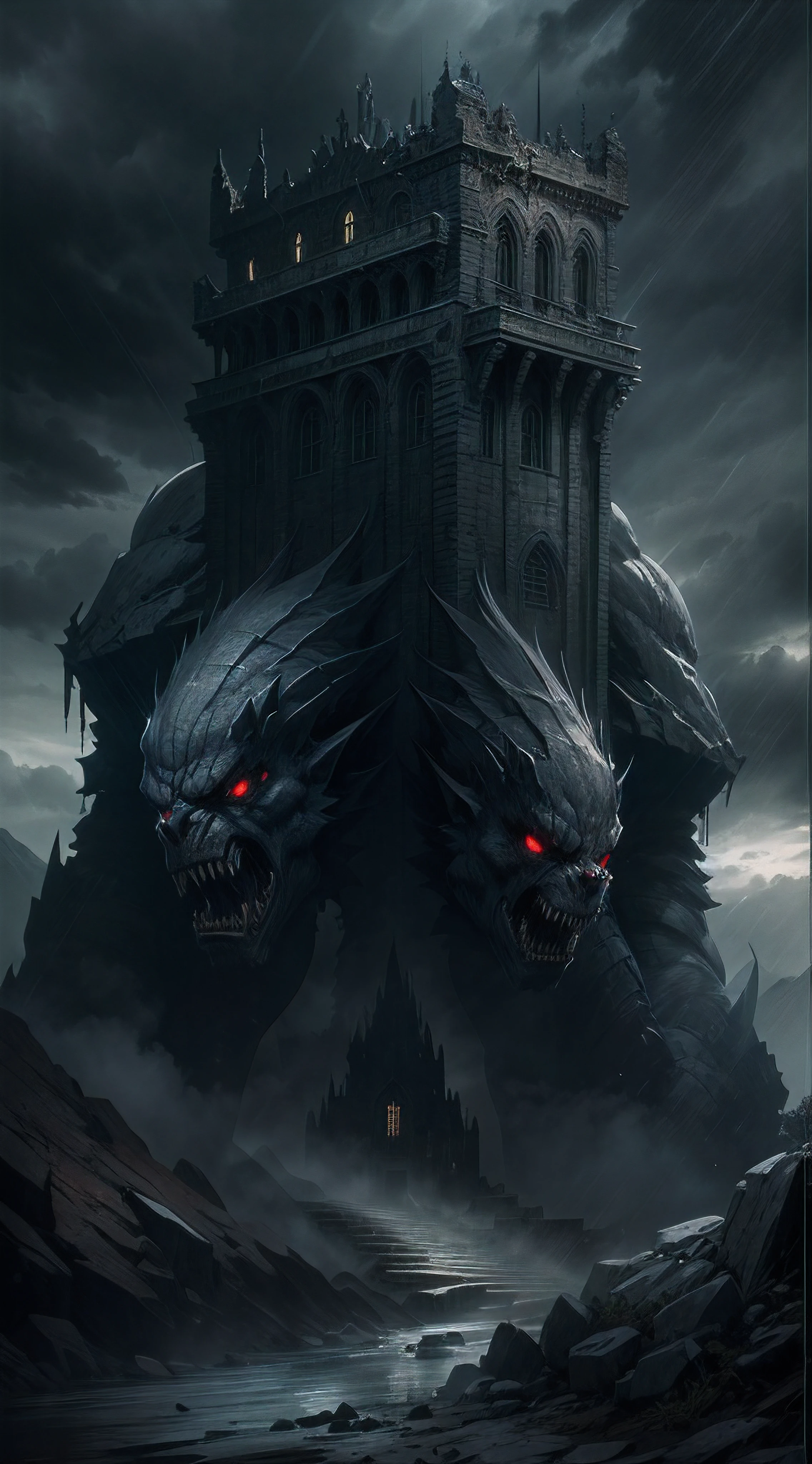 white stone castle carrying on shoulders of huge orc monster, dark and menacing, craggy skin, glistening eyes, giant claws, towering over the landscape, ominous atmosphere, dramatic lighting, thunderstorm brewing, stormy clouds, ominous shadows, crumbled stone, majestic architecture, ancient and weathered, imposing presence, foreboding, moonlit sky, distant mountains, sinister aura, creepy vines, haunting silhouette, distant cries, echoing footsteps, intense energy, dark and mystical, majestic beast, worn-out flag, gauntlets of steel, intimidating stature, heavy footsteps, resolute expression, ominous growl