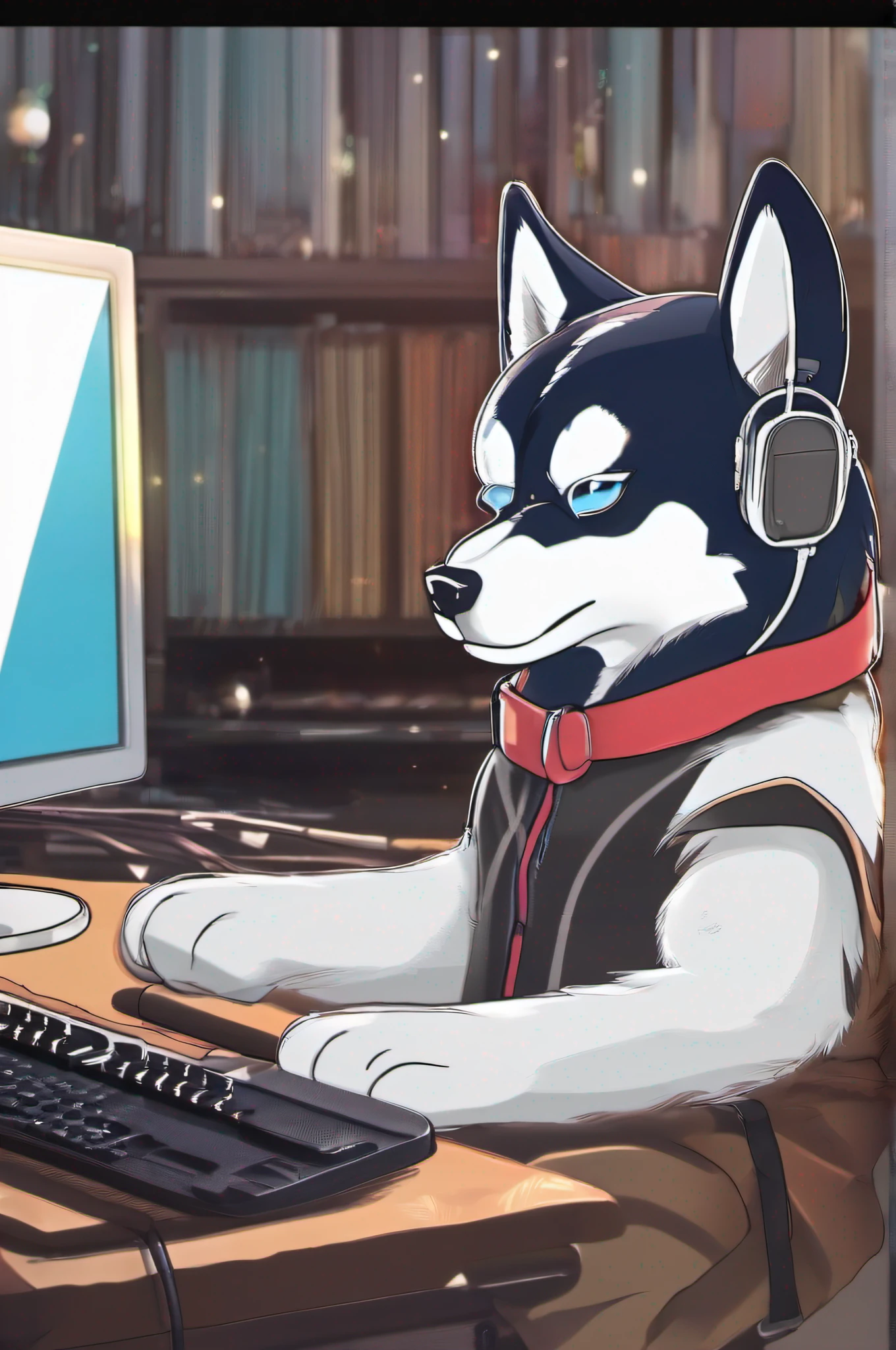 A husky with sunglasses, headphones and keyboard