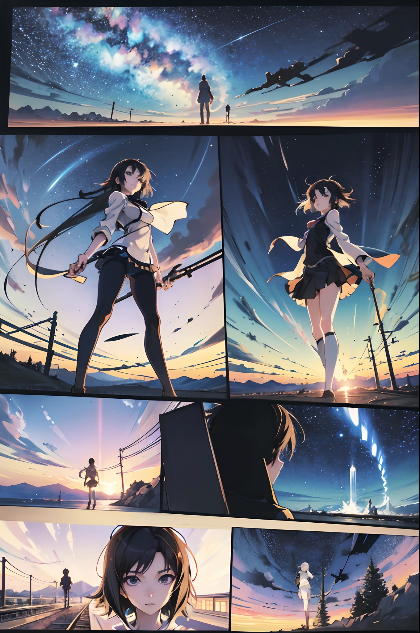 comic strip,Cartoon Split,Storyboard,Masterpiece, Anime train passing through bodies of water on tracks, Bright starry sky. Romantic train, Makoto Shinkai's picture, Pisif, concept-art, Lofi art style, Reflection. By Makoto Shinkai, Lofi art, beautiful anime scenes, Anime landscape, Detailed scenery —width 672, in the style of makoto shinkai, Makoto Shinkai's style, Enhanced detail.
