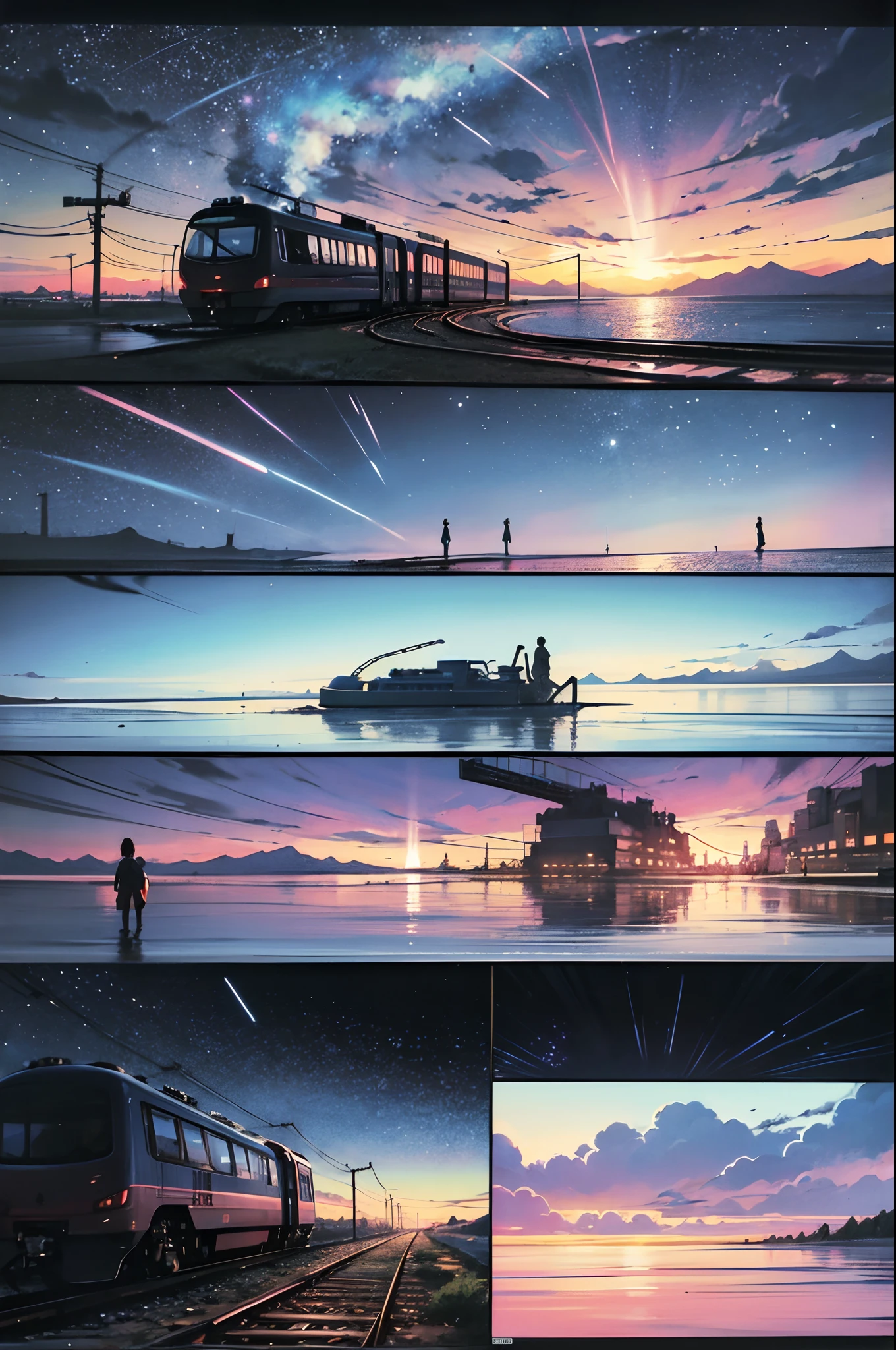 comic strip，Cartoon Split，Storyboard，Masterpiece, Anime train passing through bodies of water on tracks, Bright starry sky. Romantic train, Makoto Shinkai's picture, Pisif, concept-art, Lofi art style, Reflection. By Makoto Shinkai, Lofi art, beautiful anime scenes, Anime landscape, Detailed scenery —width 672, in the style of makoto shinkai, Makoto Shinkai's style, Enhanced detail.