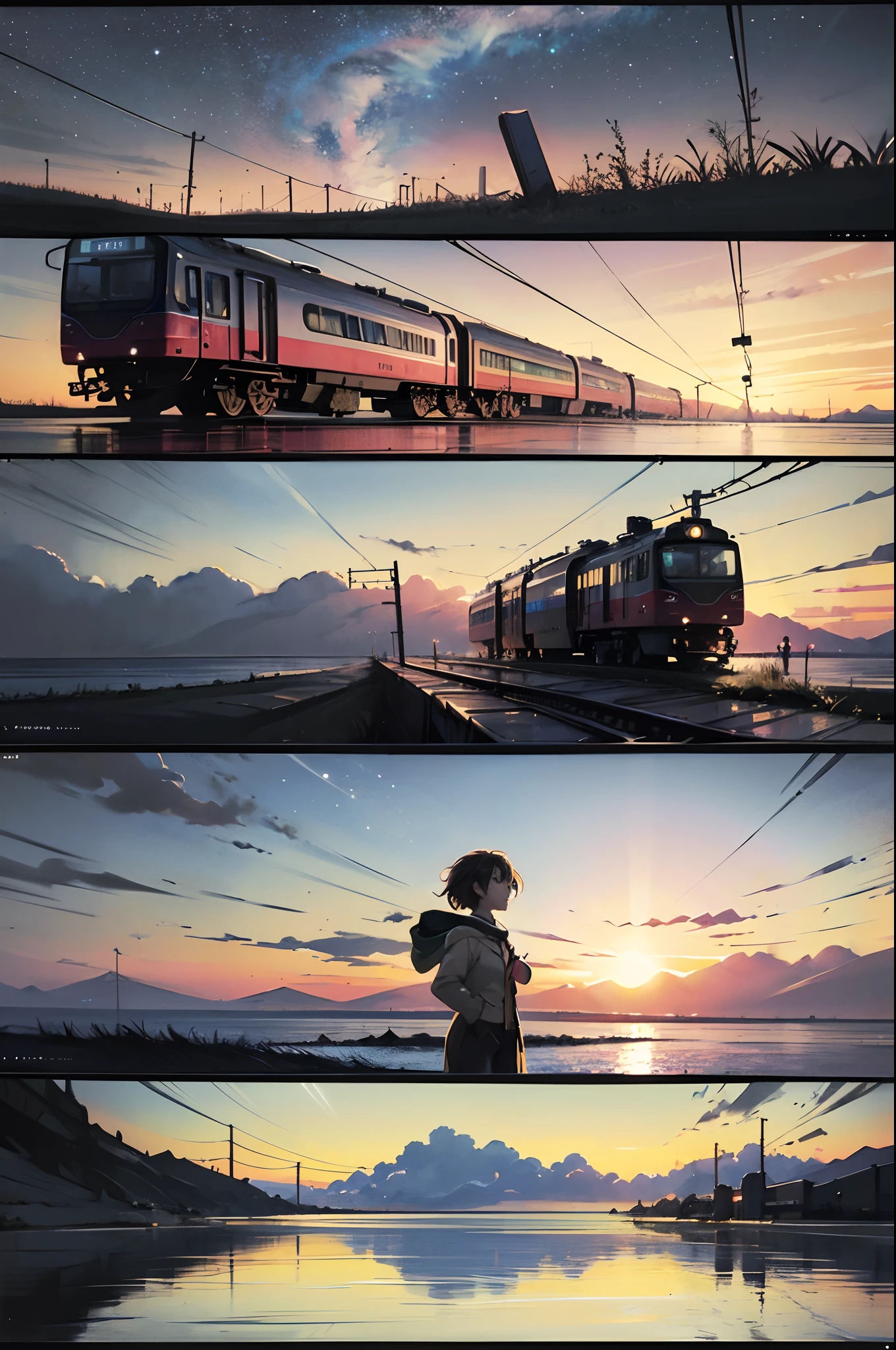 comic strip,Cartoon Split,Storyboard,Masterpiece, Anime train passing through bodies of water on tracks, Bright starry sky. Romantic train, Makoto Shinkai's picture, Pisif, concept-art, Lofi art style, Reflection. By Makoto Shinkai, Lofi art, beautiful anime scenes, Anime landscape, Detailed scenery —width 672, in the style of makoto shinkai, Makoto Shinkai's style, Enhanced detail.