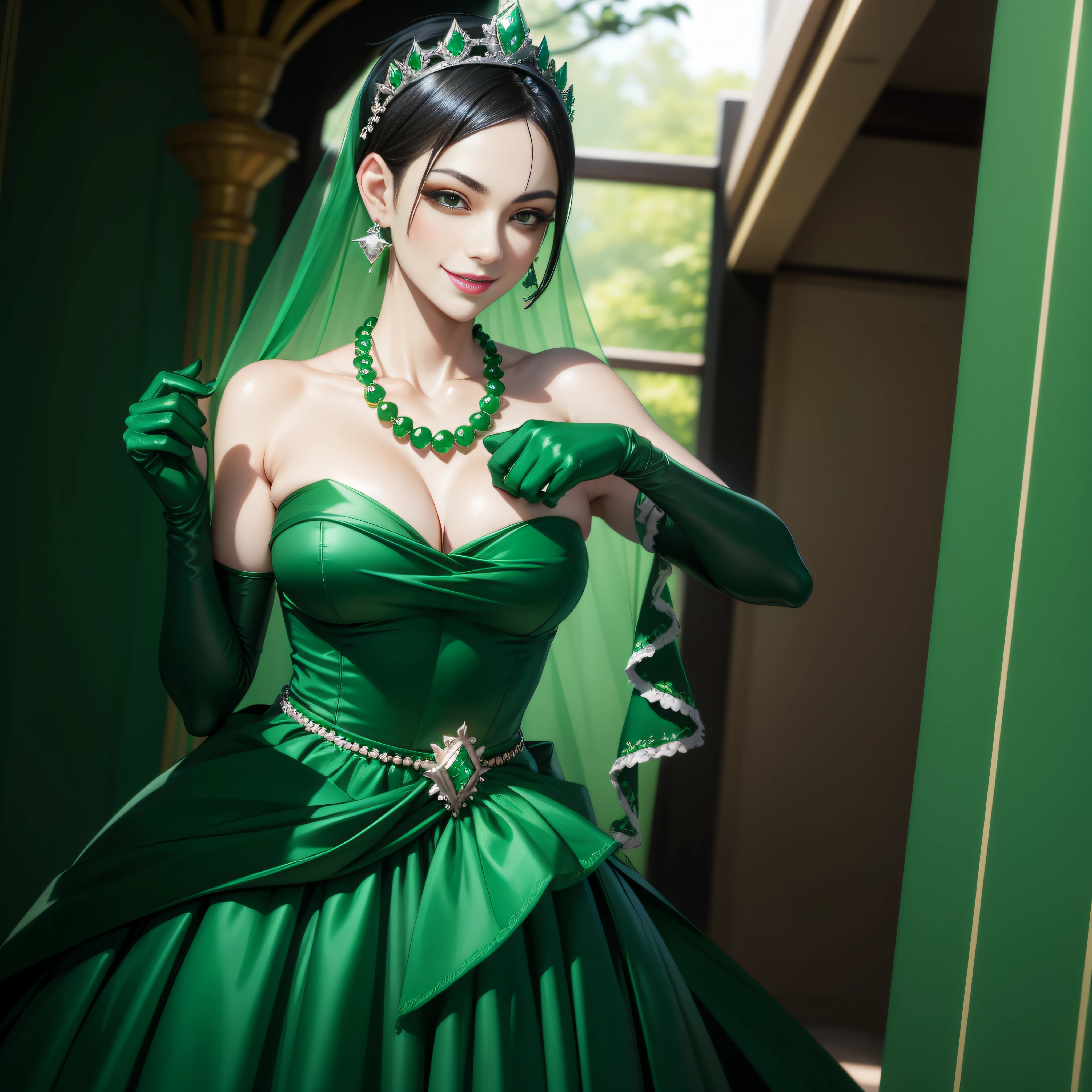 emerald tiara, Green Pearl Necklace, Boyish very short black hair, lipsticks, Japan woman smiling, very short short hair, big breasts beautiful, Green eyes, Long green gloves made of satin material, Green eyes, Emerald Earrings