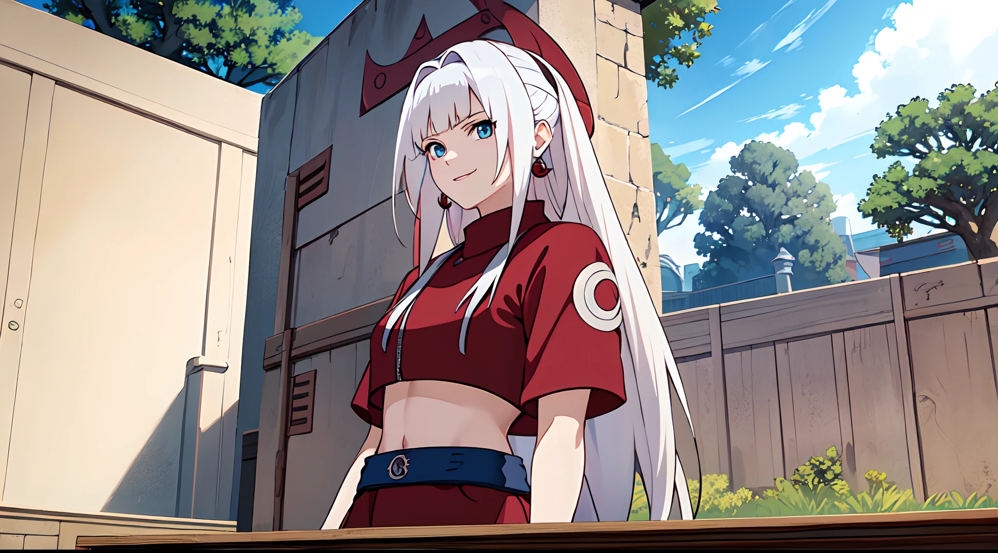 masterpiece, best quality, 1girl, very long white hai with bangs, blue eyes, red crop top, black shorts, mesh undershirt, light smile, earrings, blue sky, outdoors, close up, konohavillage konoha gate walls, cable, tree