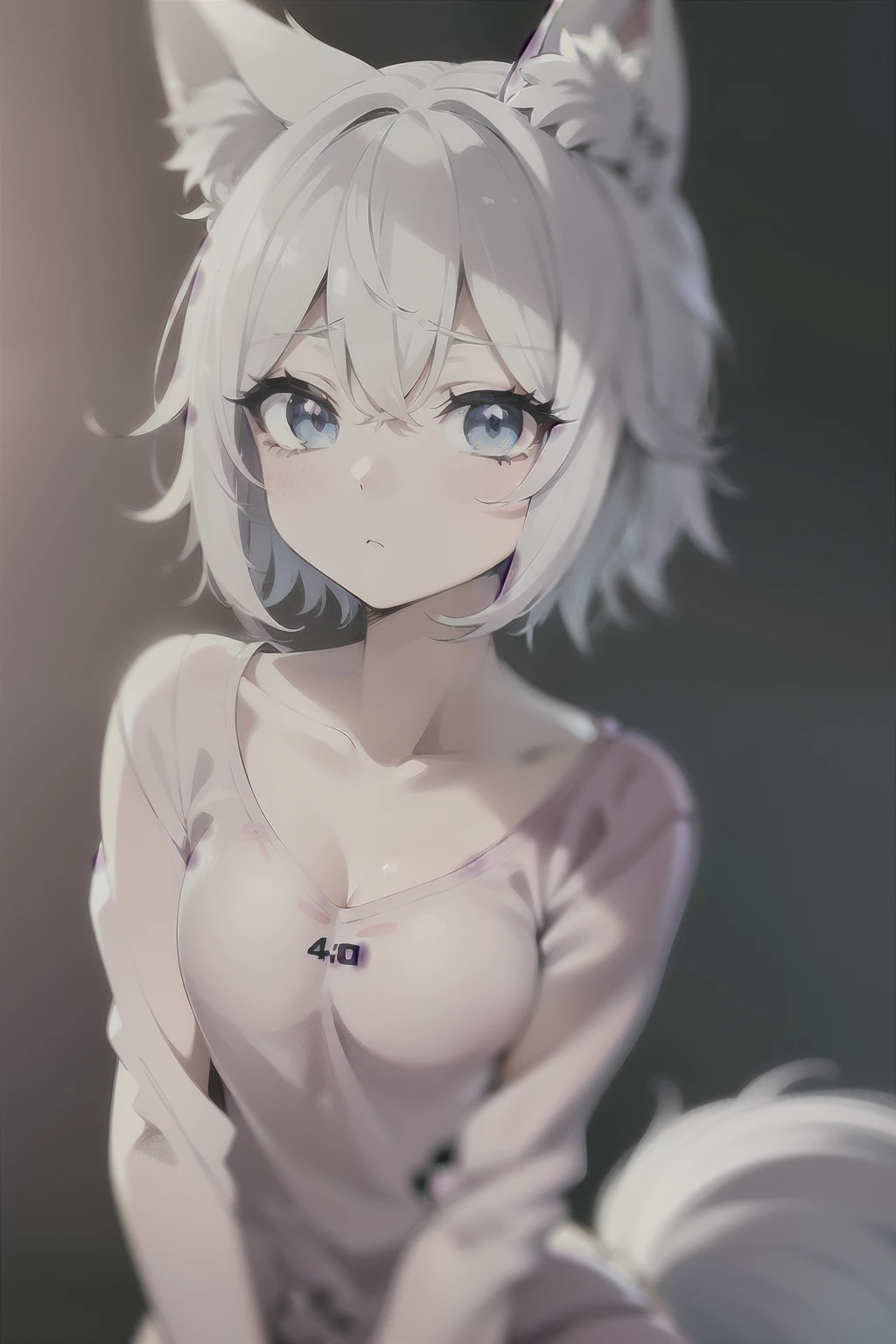 High quality, 1girl, ((((Candy Candy anime style)))), (wolf girl, wolf ears, wolf tail), animal ears, animal tail, ((((short hair)))), ((silver white hair)), hair clip, ((hair tap eye)), ((blue eyes)), long eyeslashes, eyeliner, (((small breasts, old pijama))), ((worried, sad expression, mellancholic look, blue eyes)), (white background), closed_mouth, blush, eyelashes, detailed shadows, detailed body, detailed eyes, detailed lines, (((manga style, manga coloring, 4K))).