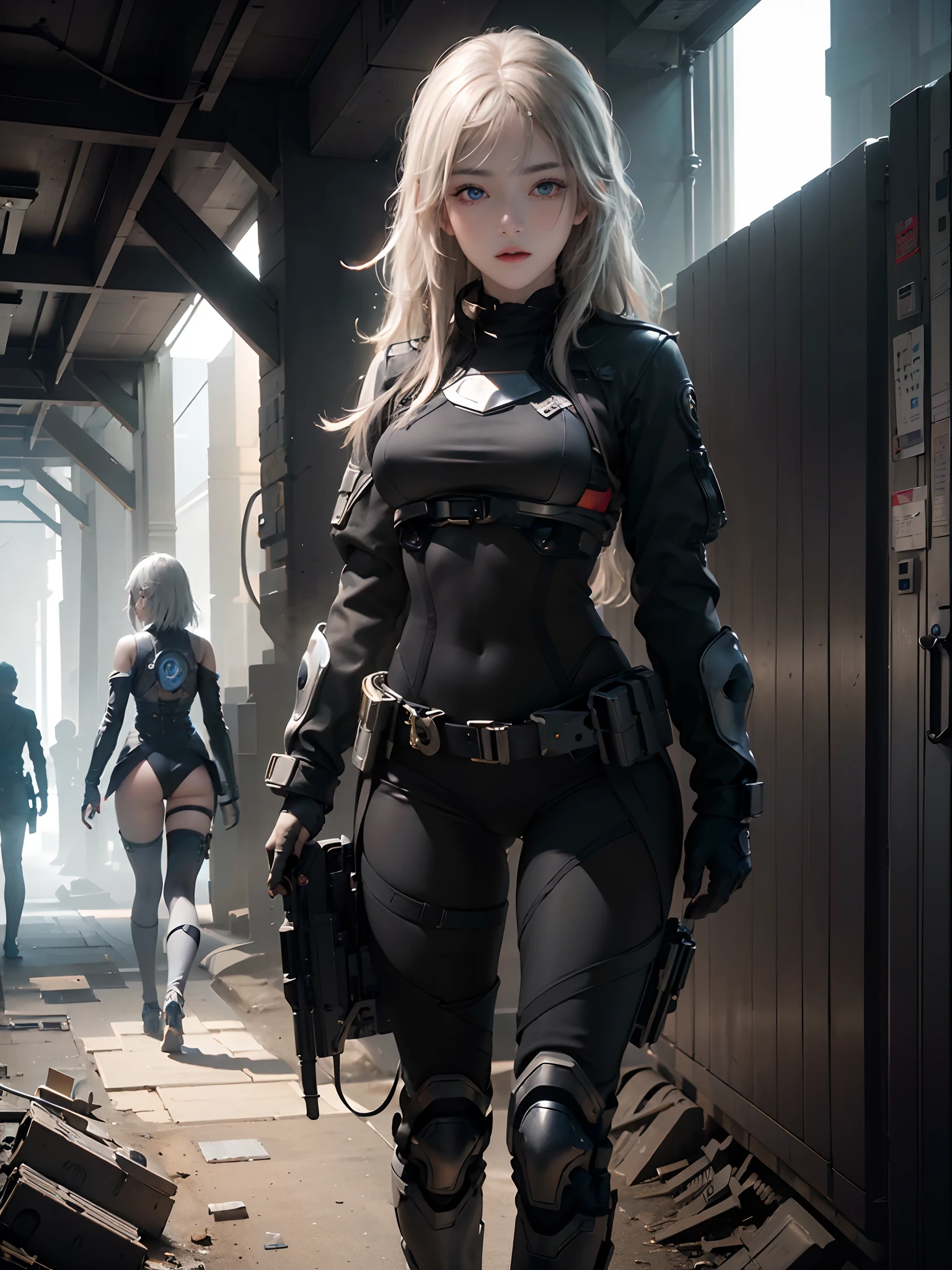 ((top-quality)), (((masterpiece)), (detaileds: 1.4), 3D, Beautiful Cyberpunk Woman Image, bob cuts, Broken black tights, leather clothes, Electromechanical, nffsw(HighDynamicRange), Ray traching, NVIDIA RTX, Hyper-Resolution, Unreal 5, Sub-surface scattering, PBR Texture, Postprocess, Anisotropy Filtering, depth of fields, Maximum sharpness and acutance, Multilayer Texture, Albedo and Highlight Maps, Surface Coloring, Accurate simulation of light-material interactions, perfectly proportions、octane renderings、two tone lighting、Large aperture、Low ISO、White Balance、thirds rule、8K Raw、masterpiece、top-quality、(8k extremely detailed CG unit wallpaper)(top-quality)、(The best illustrations)、(Best Shadows), blue eyes, long hair, body swimsuit