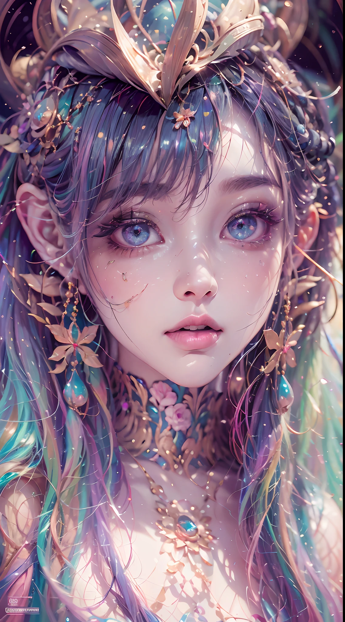1girll,(enchanced quality:1.4),(Top quality true texture skin), Delicate face,Black hair, Gradient hair,Oversized bust, There are precious stones on the forehead, largeeyes,Wide eyes,(Eye focus),sface focus,Cosmic eyes,Space eyes,Sparkling pupils,long eyelasher,grin, hyper photorealism, Cinematic lighting, projected inset, surrealism, hyper HD, Masterpiece, 16k,Lie down,dream on,Wear transparent silk pajamas,Carmelto,Legs slightly open,Tattooed with,Fantasy space,Luxurious space,PureErosFace_V1,Urzang-6500-V1 Edition.1,