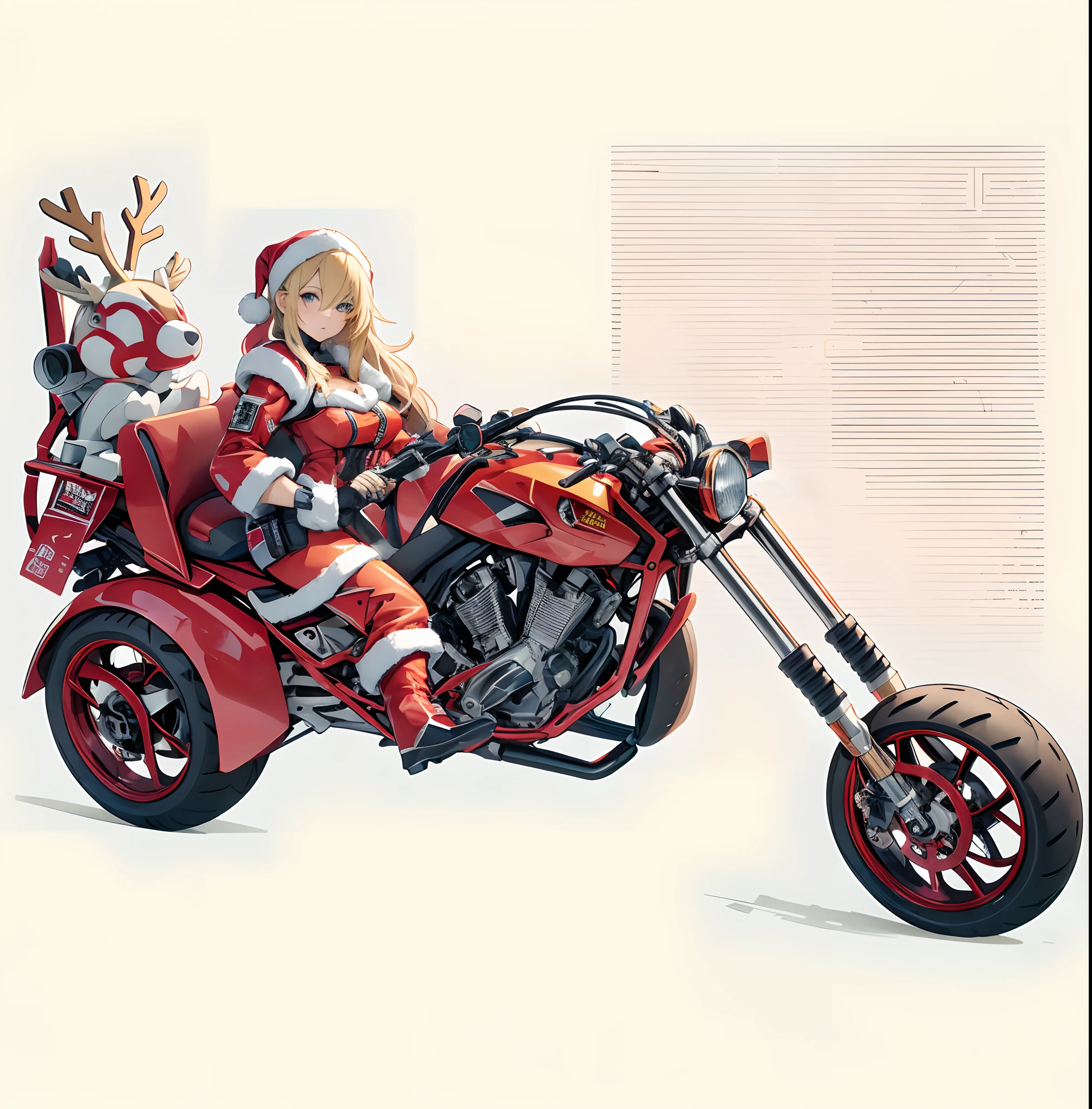 （Woman in Santa costume）、Santa's Boots、a blond、（（riding on motorcycle））、The ultra -The high-definition、Pants Style、（（slim figure））、（（cyberpunked））、（（Mecha reindeer））、（（1 persons））