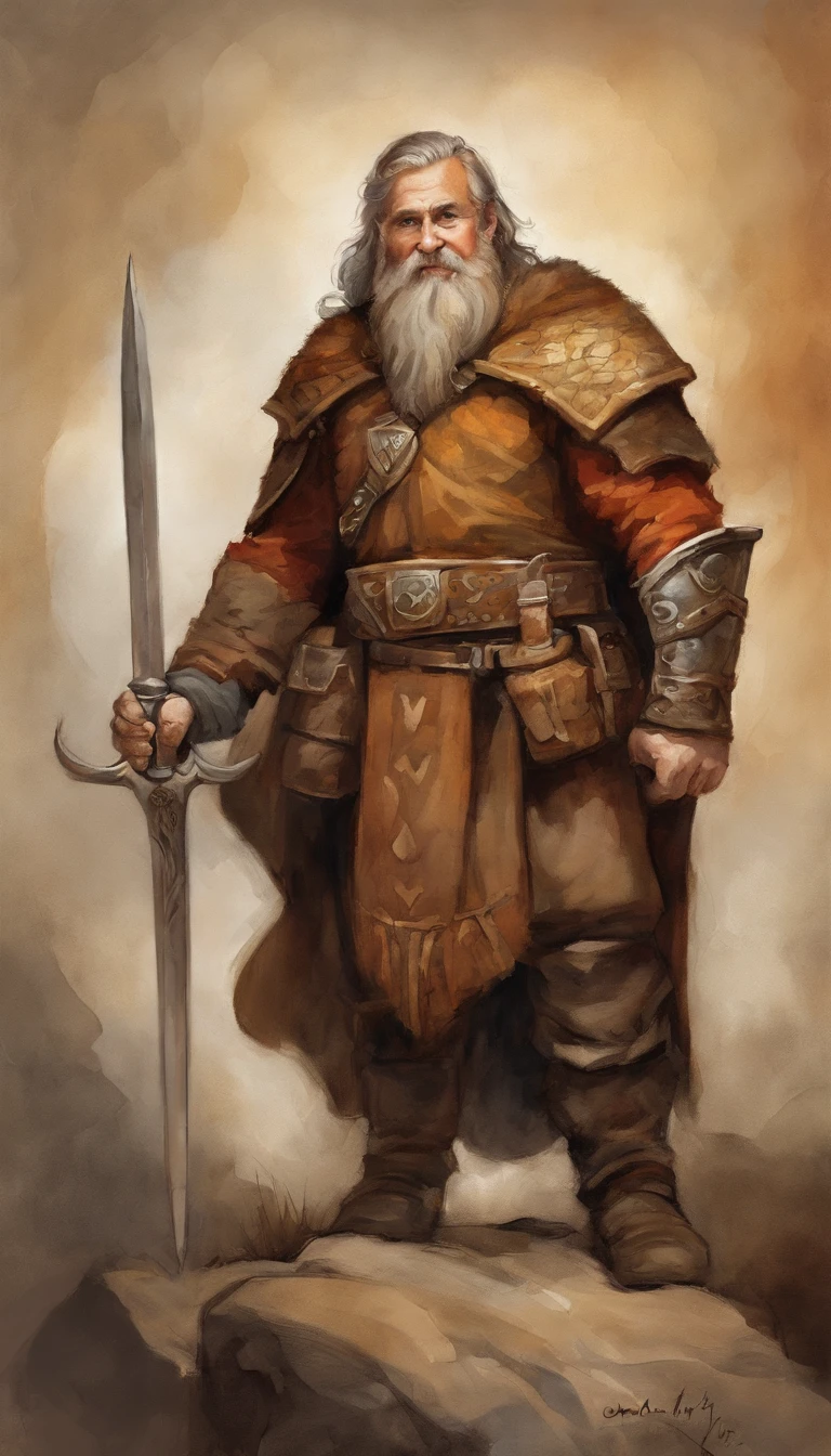 (Masterpiece, Best quality:1.2), Cartoon character with sword and shield close-up, fierce bearded dwarf, Dund Dwarf, portrait of a dwarf warrior, dwarf, "Dwarves, dwarven, rpg character art, rpg character, D & D fantasy characters, final fantasy tactics character, From Pathfinder, fantasy d&d character, dungeons and dragons character,brown hair,holding a shield