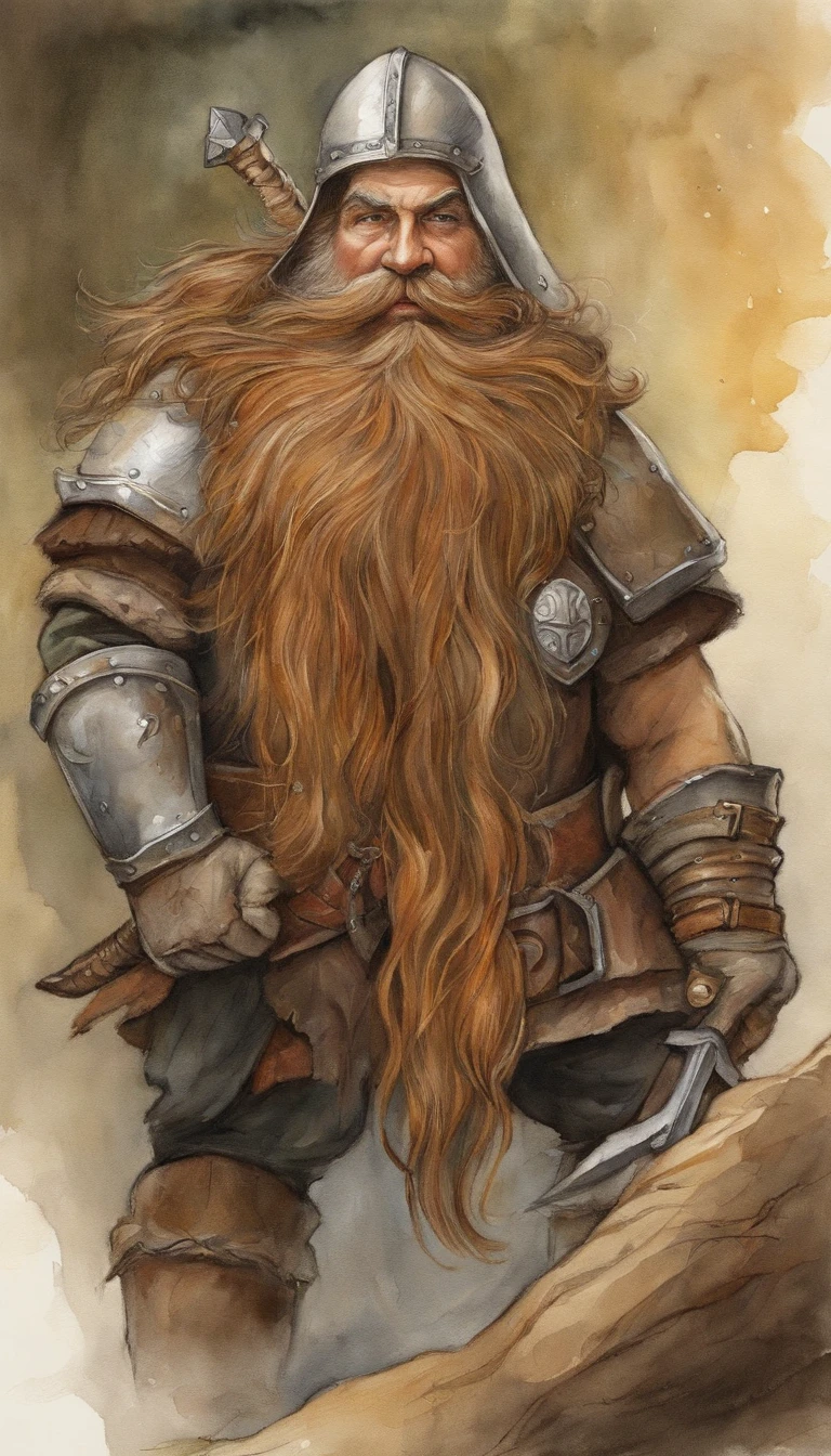 (Masterpiece, Best quality:1.2), Cartoon character with sword and shield close-up, fierce bearded dwarf, Dund Dwarf, portrait of a dwarf warrior, dwarf, "Dwarves, dwarven, rpg character art, rpg character, D & D fantasy characters, final fantasy tactics character, From Pathfinder, fantasy d&d character, dungeons and dragons character,brown hair,holding a shield